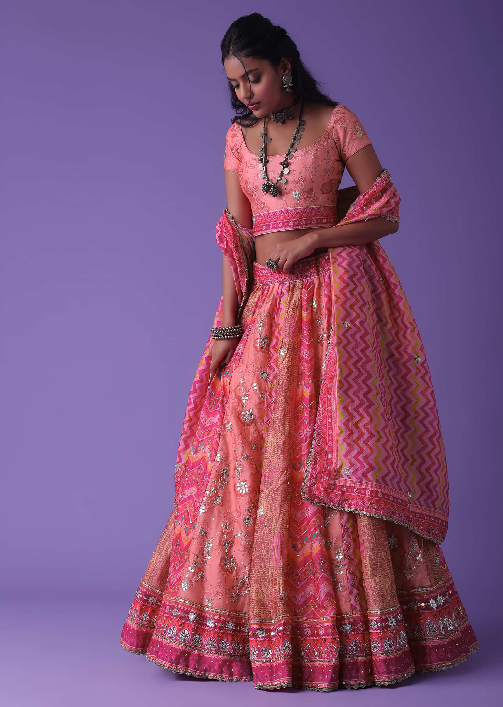 Shell Pink Cotton Silk Printed Lehenga With Embroidery