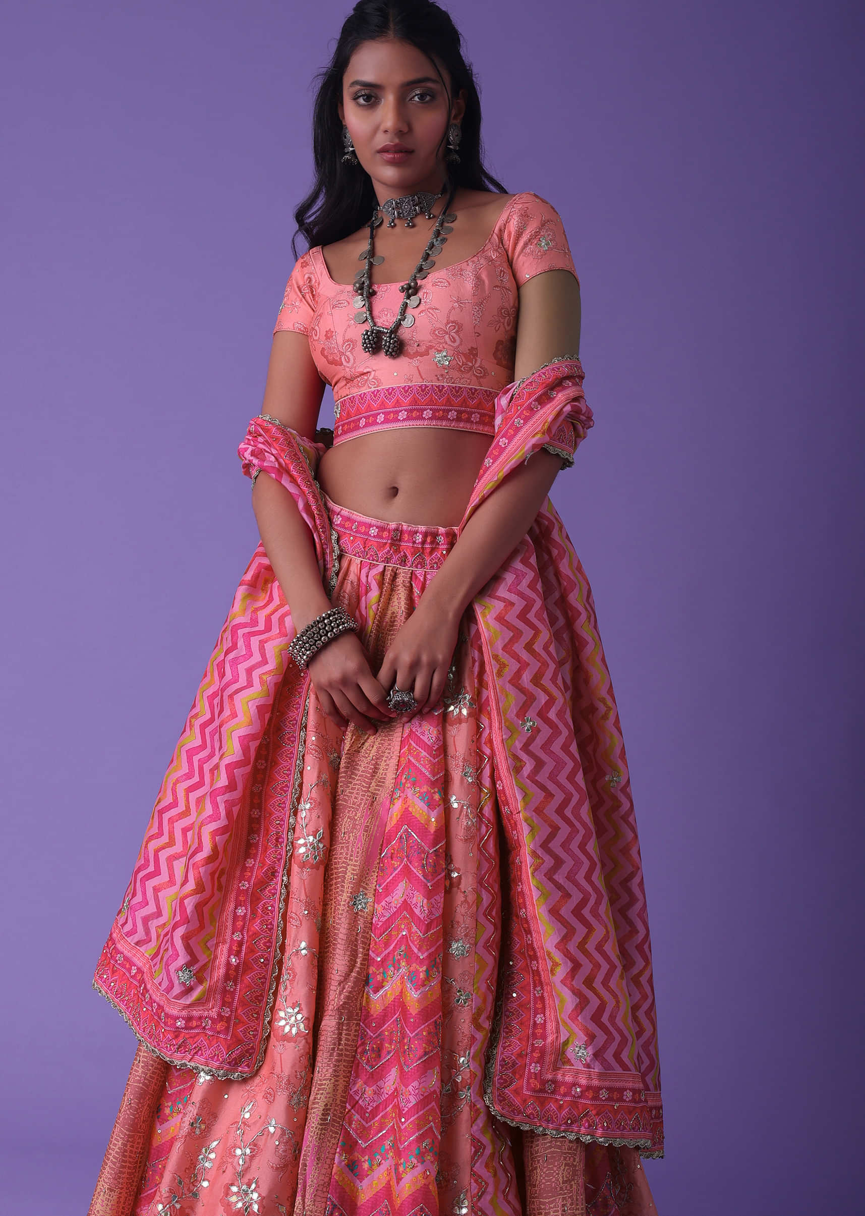 Shell Pink Cotton Silk Printed Lehenga With Embroidery
