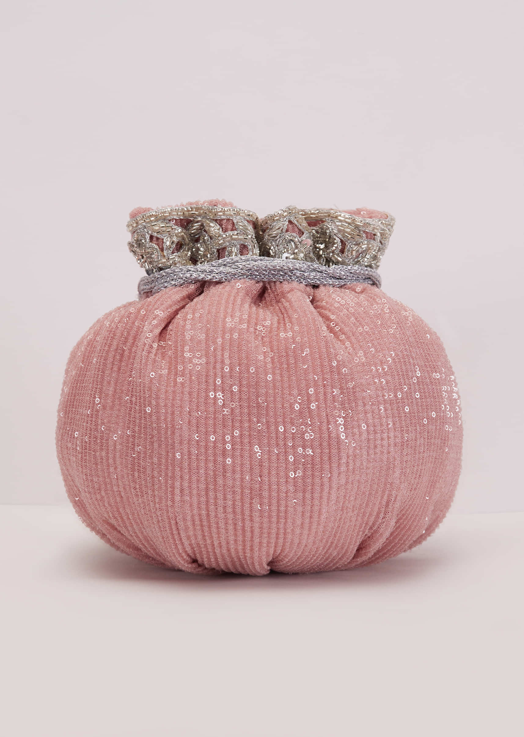 Shimmery Pink Round Sequined Silk Potli With Tassel Dori 