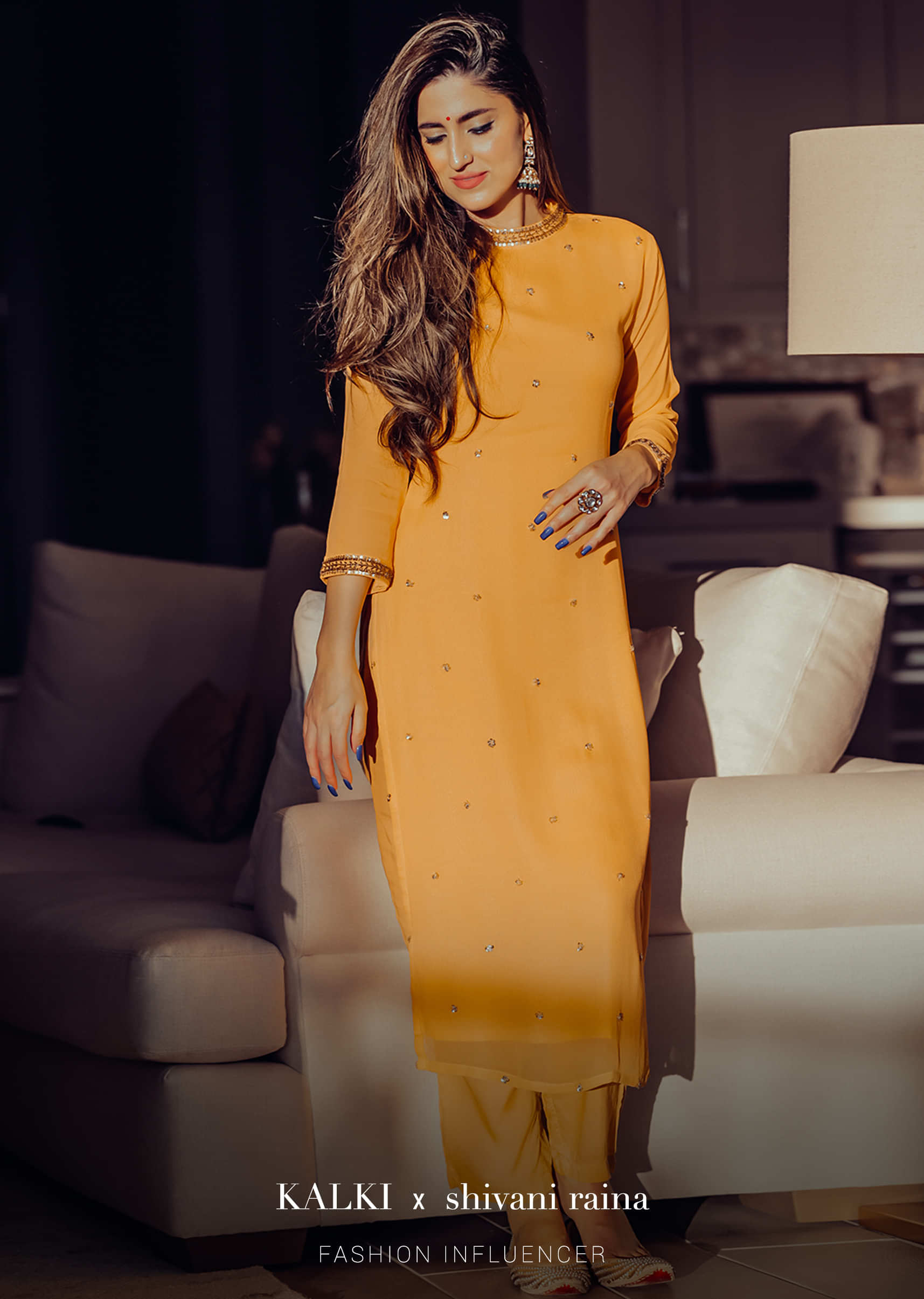 Cheddar Yellow Straight Cut Suit In Georgette With Sequin Embellished Buttis  
