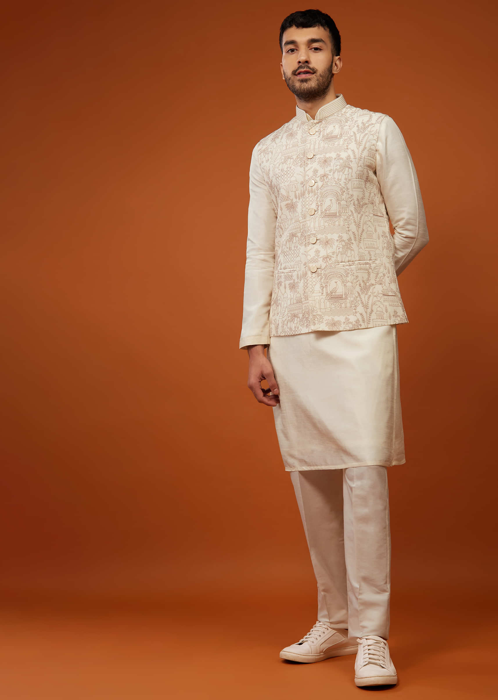 Off White Floral Printed Bandi Jacket Set In Cotton Silk