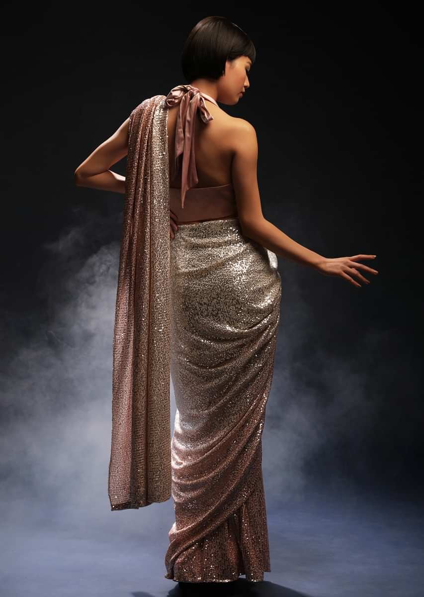 Silver And Pink Ombre Ready Pleated Saree Embellished In Sequins With Pink Halter Neck Velvet Blouse