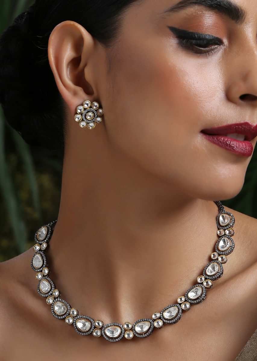 Silver Necklace Set With Victorian Inspired Polki And Cubic Zirconia Work Worthy Of A Fairytale By Paisley Pop