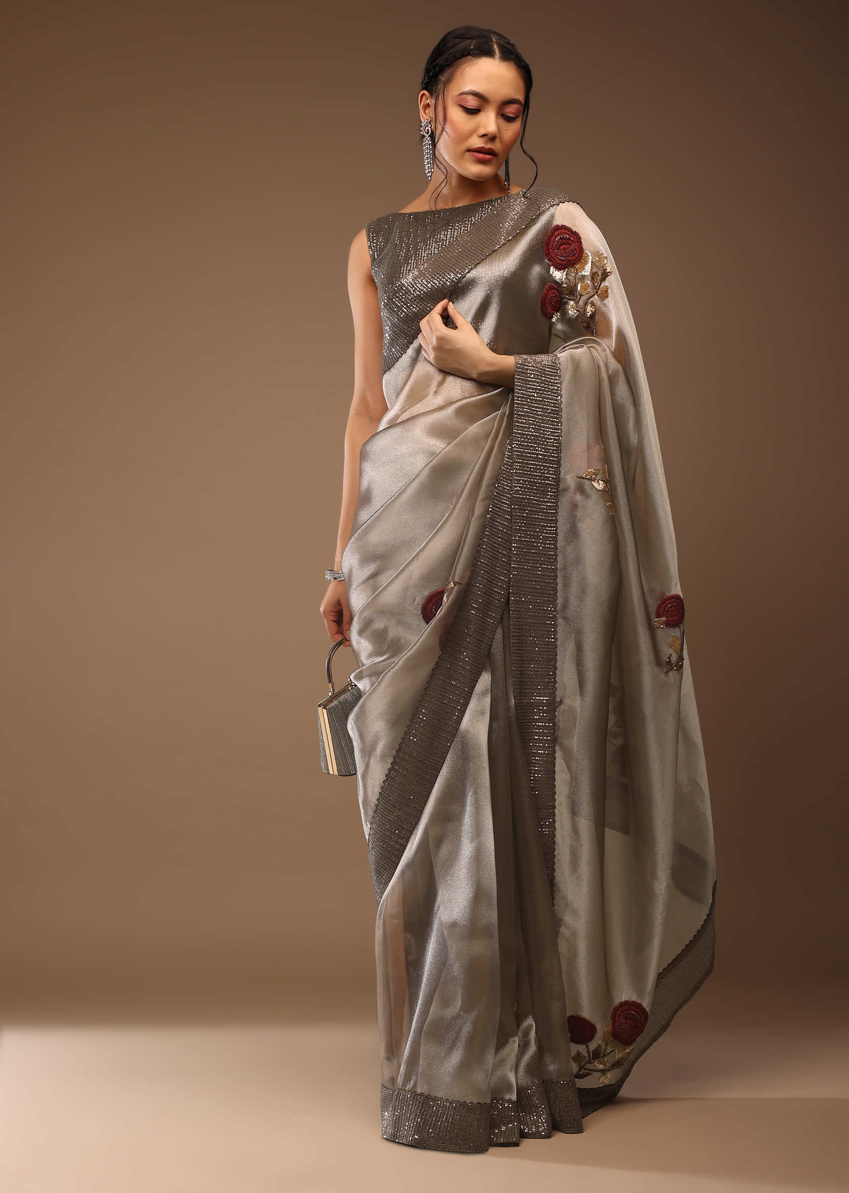 Silver And Cedar Brown Saree In Tissue Organza With Multi Colored Sequins Embroidered Motifs