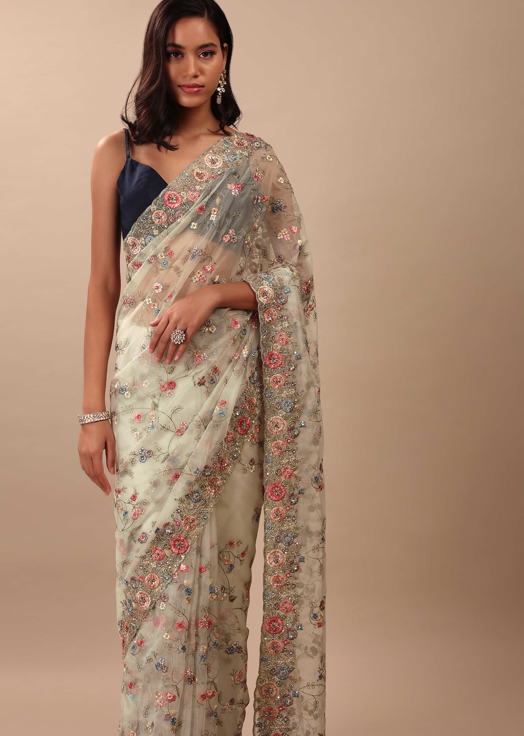 Pista Green Organza Saree Fully Embroidered In Multi-colour Floral Jaal Pattern With Cut Dana & Moti