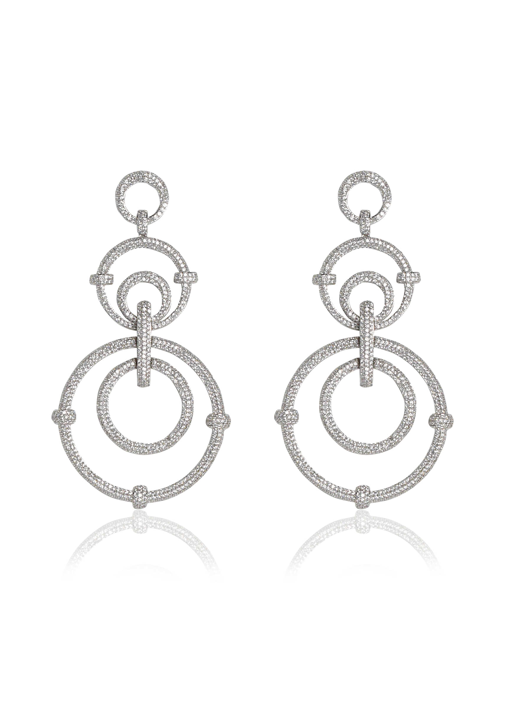 Silver Chandelier Earrings With Faux Diamonds Studded In Round Design By Tizora