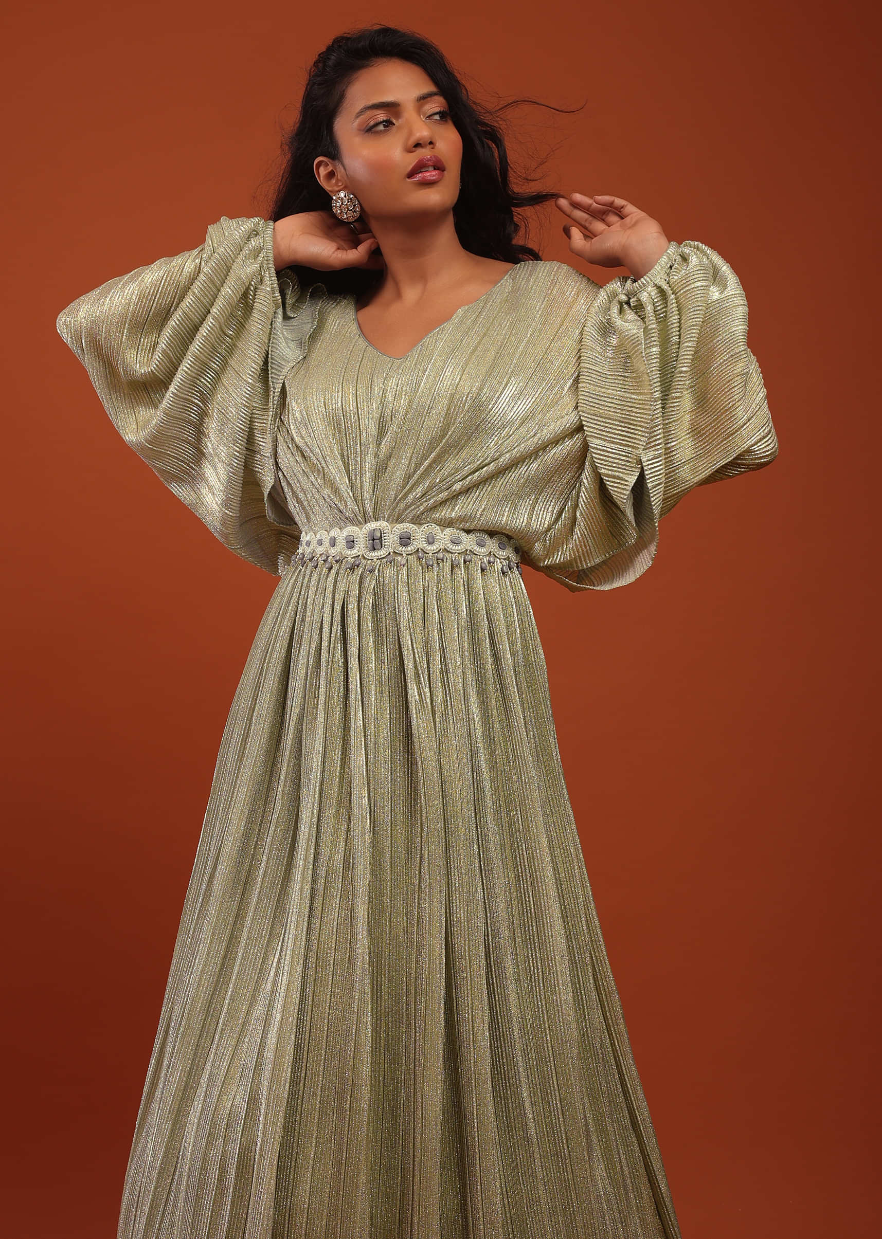 Silver Crushed Kaftan Gown With An Embellished Waistbelt