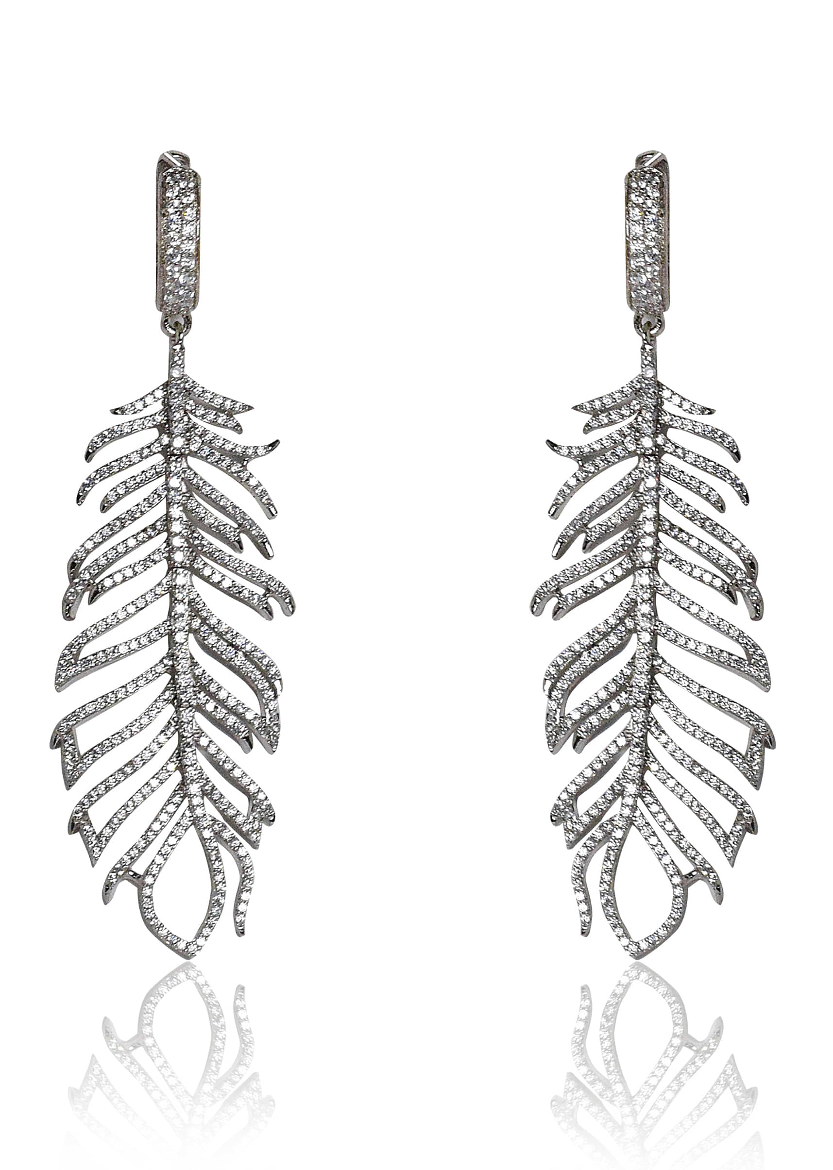 Silver Earrings With Faux Diamonds Studded In Feather Design By Tizora