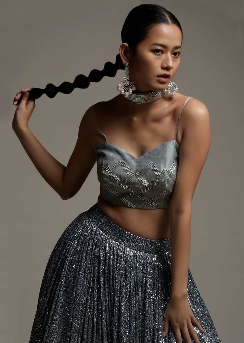 Silver Grey Ombre Skirt Embellished In Sequins And Cut Dana Embellished Crop Top With
