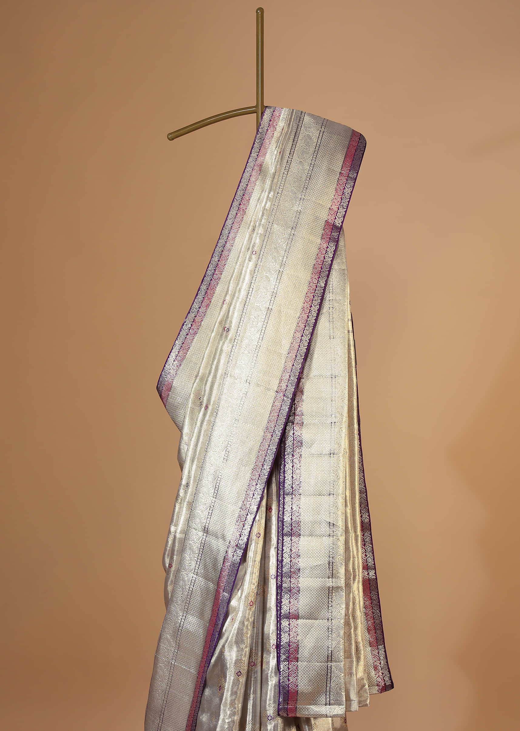 Silver Kanchipuram Tissue Silk Saree With 14gm Real Zari And Meena Weave