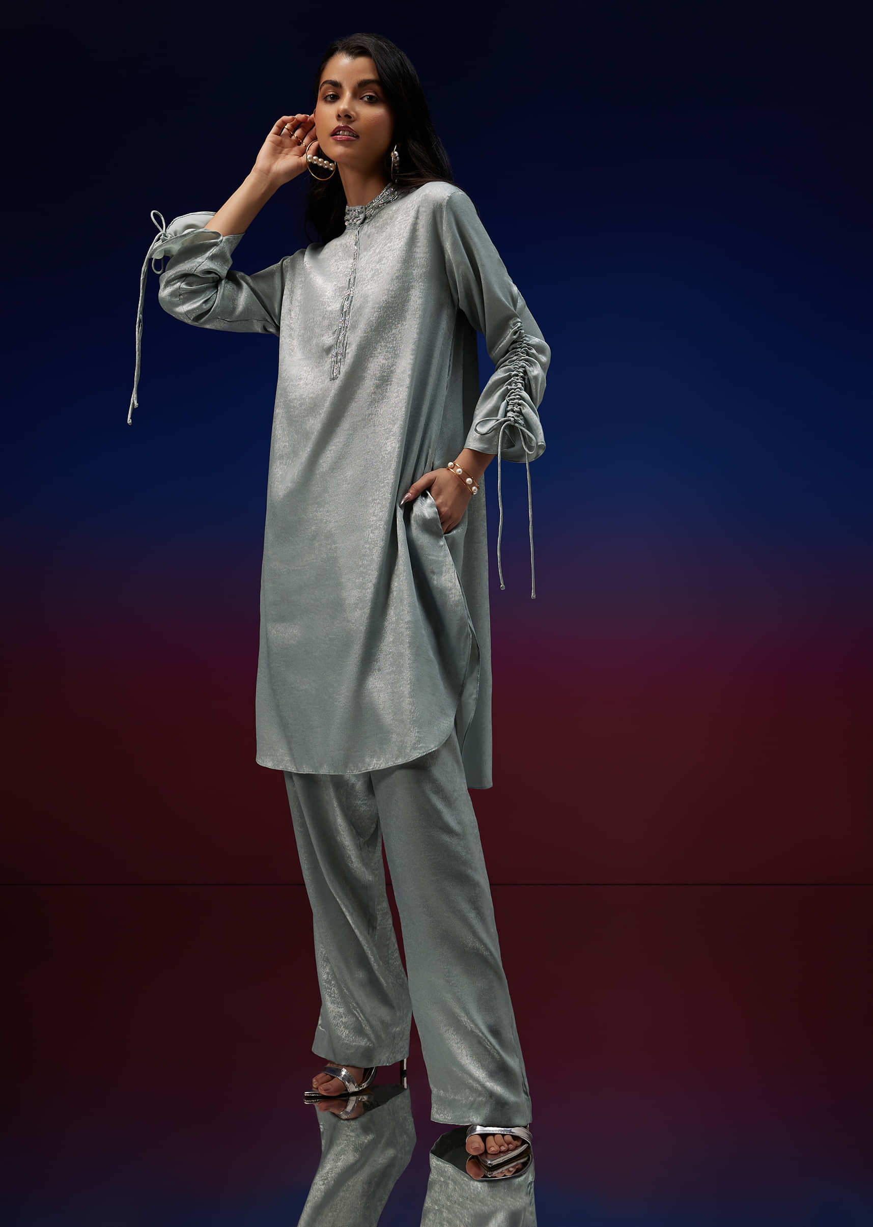 Silver Kurta Pant Set In Foil With Salli And Tikki Embroidery