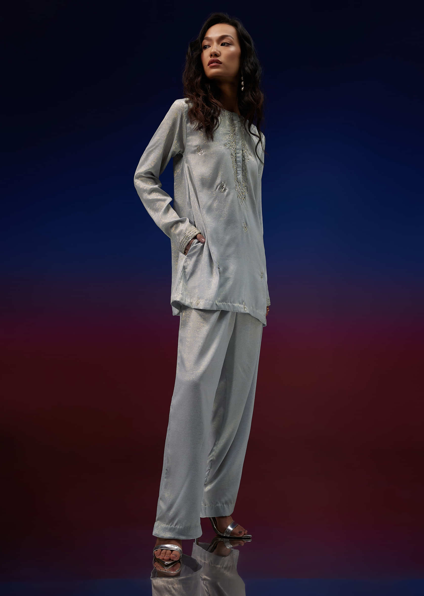 Silver Kurta Pant Set In Foil With Sequins Embroidery