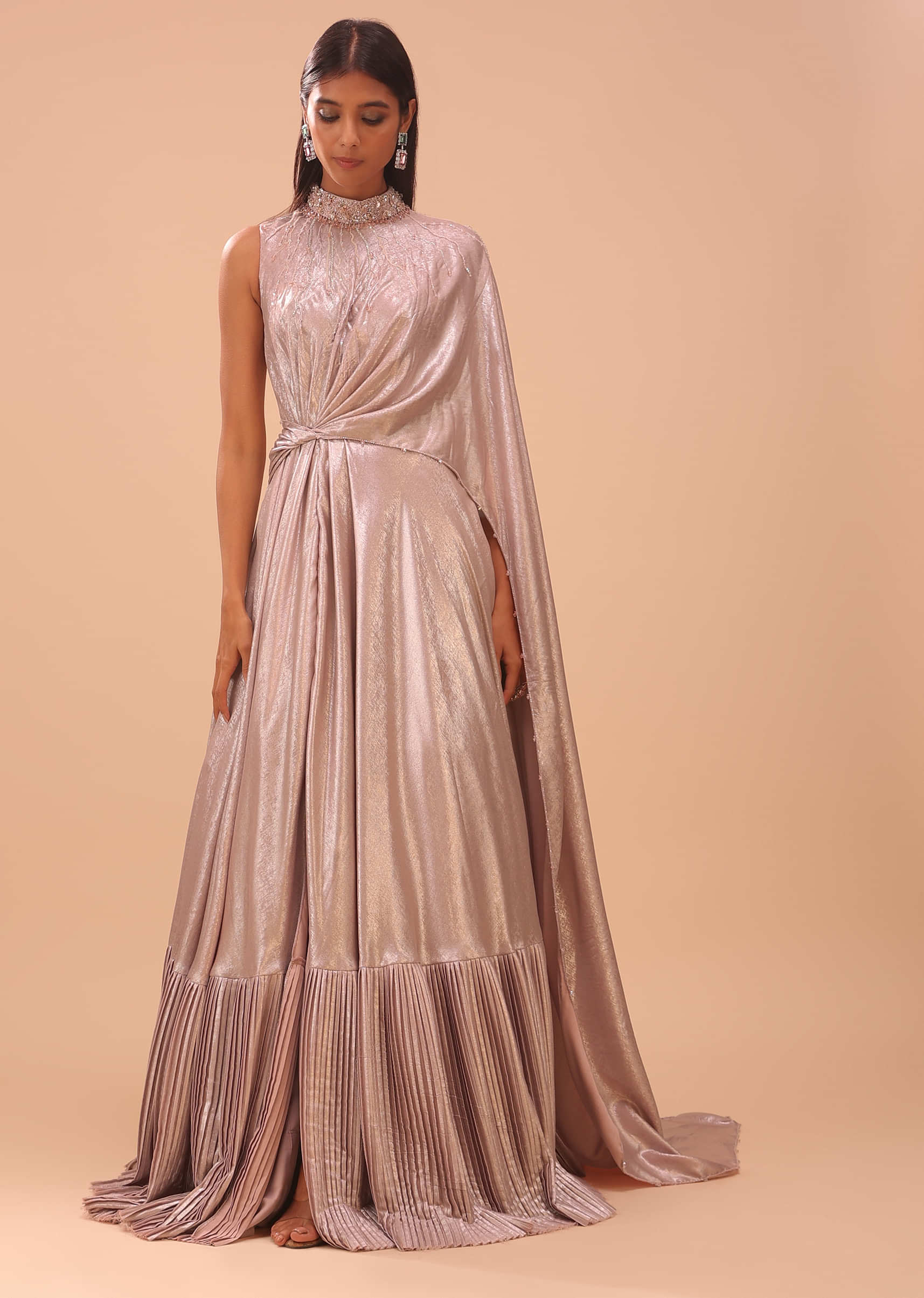 Onion Pink Embroidered Bridesmaid Gown With Front Slit