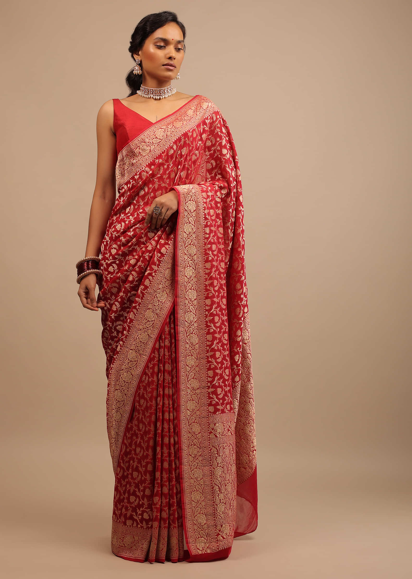 Rose Red Saree In Georgette With Woven Fern Motif Jaal Work