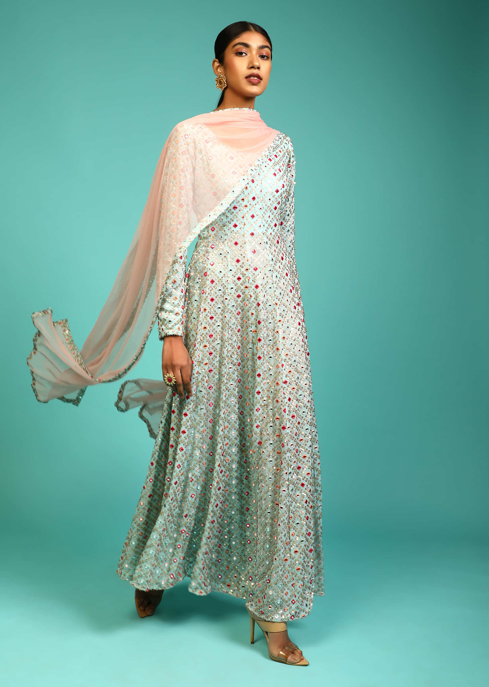 Sky Blue Anarkali Suit In Georgette With Full Sleeves And Multi Color Resham And Abla Work All Over  