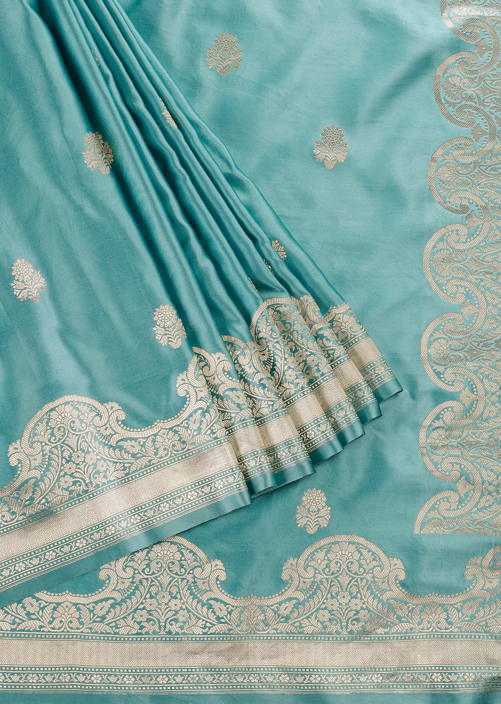 Sky Blue Handloom Banarasi Saree In Satin Crepe With Gold Zari Weave