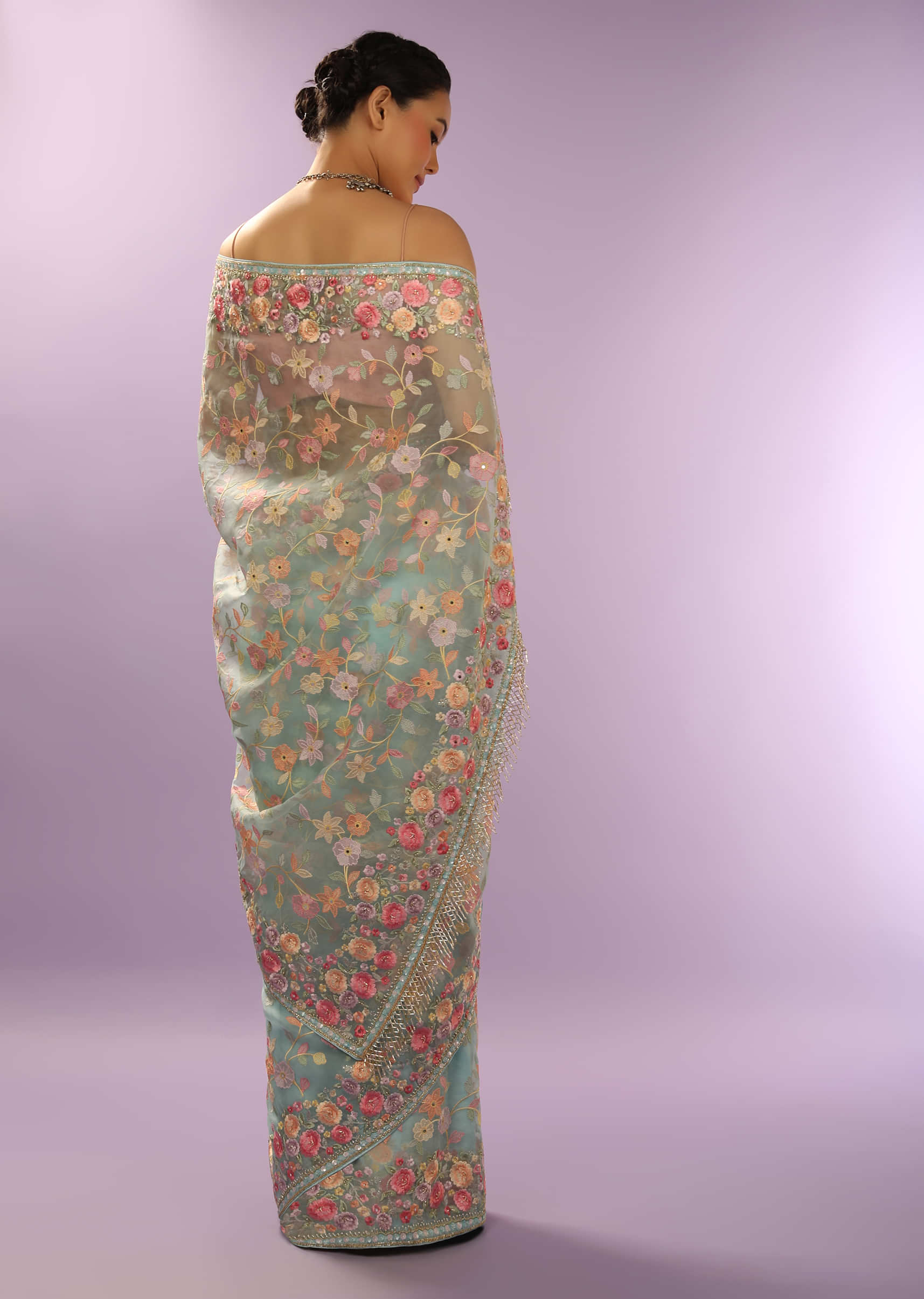 Sky Blue Saree In Organza With Multi Colored Resham Embroidered Floral Jaal And Cut Dana Work  