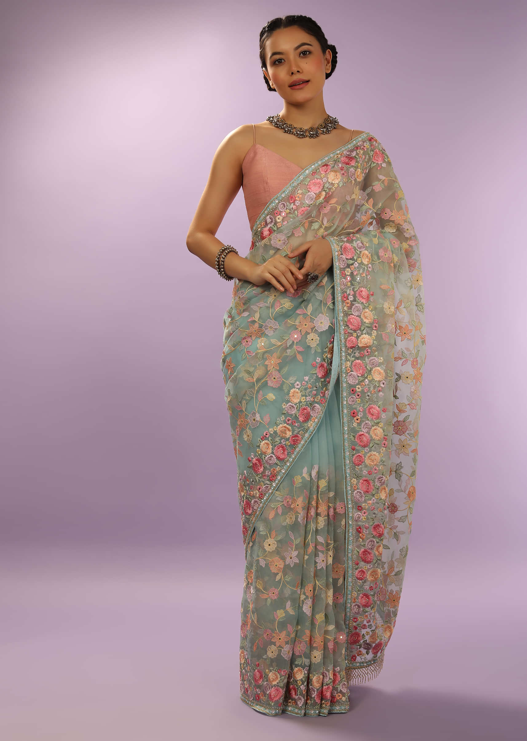Sky Blue Saree In Organza With Multi Colored Resham Embroidered Floral Jaal And Cut Dana Work  