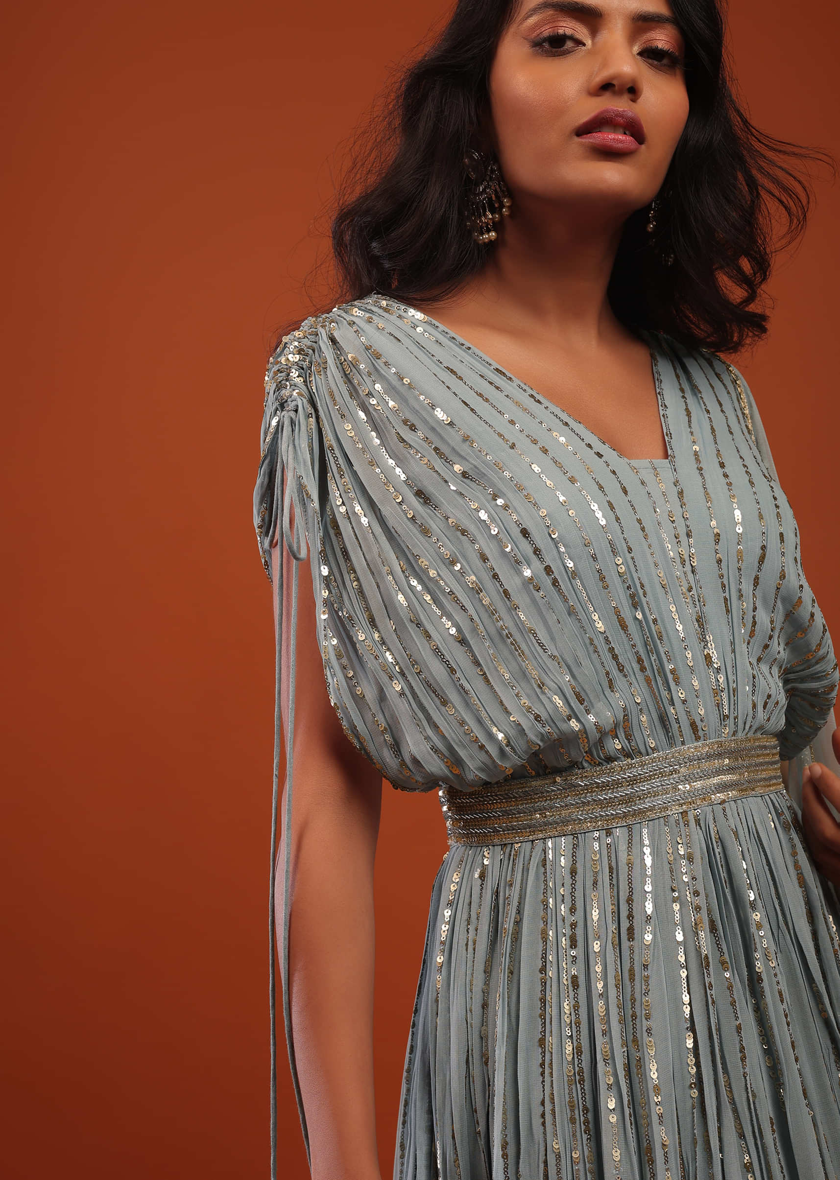Slate Blue Georgette Anarkali Suit In Sequins And Sali Work