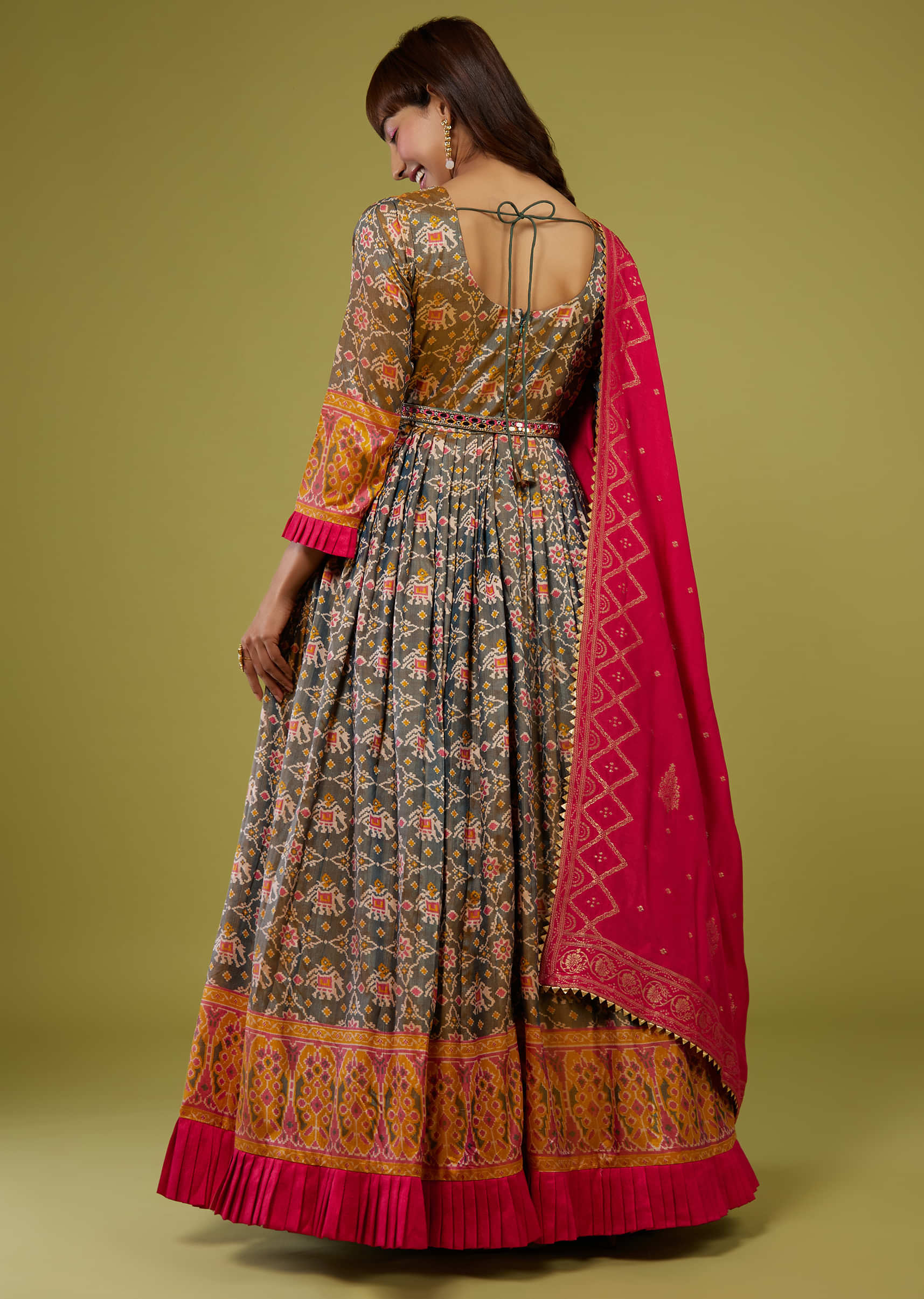 Forest Green With Ocher Yellow Patola Print Anarkali Set In Cotton Silk