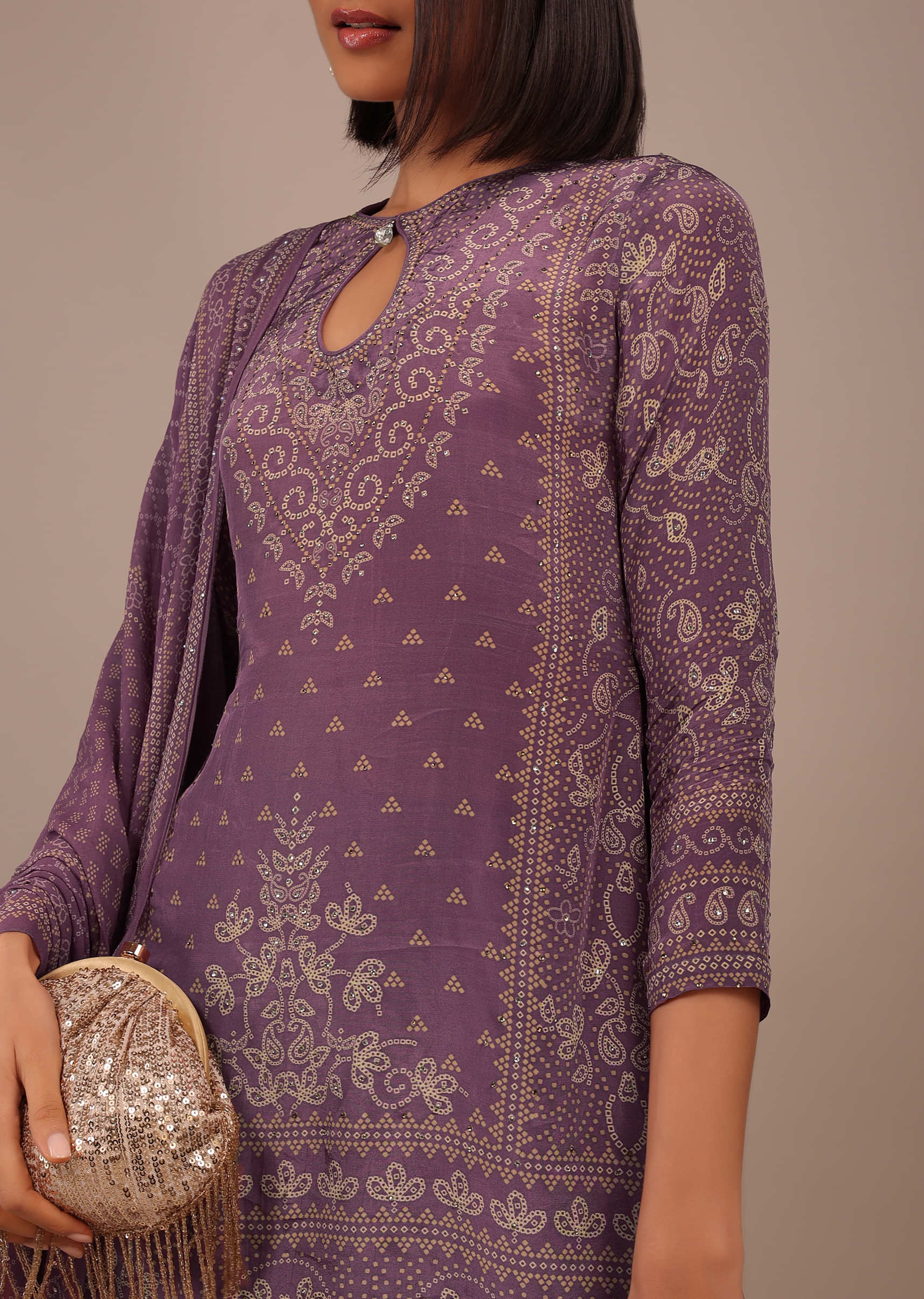 Mauve Purple Printed Sharara Suit With Stonework In Crepe