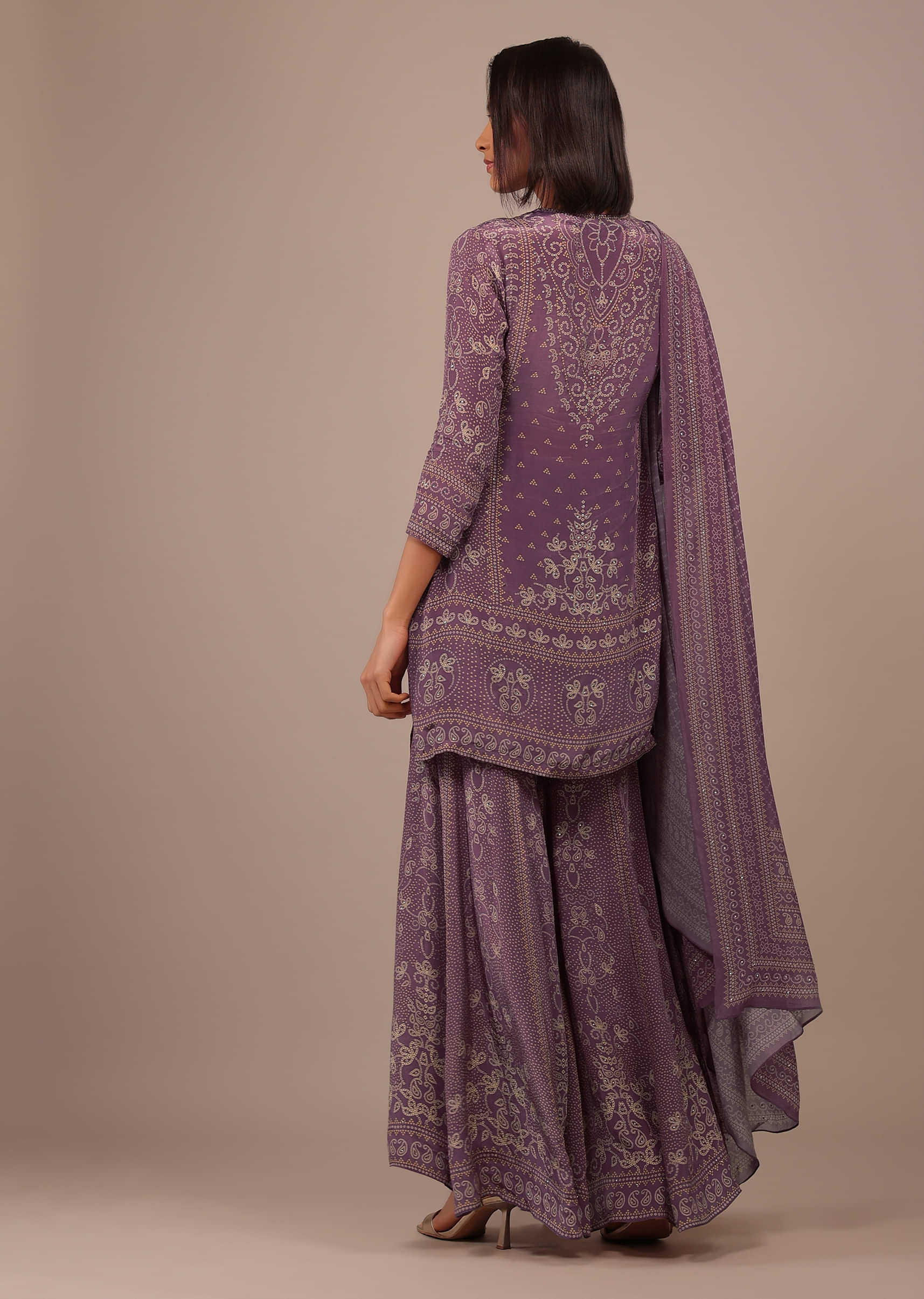 Mauve Purple Printed Sharara Suit With Stonework In Crepe