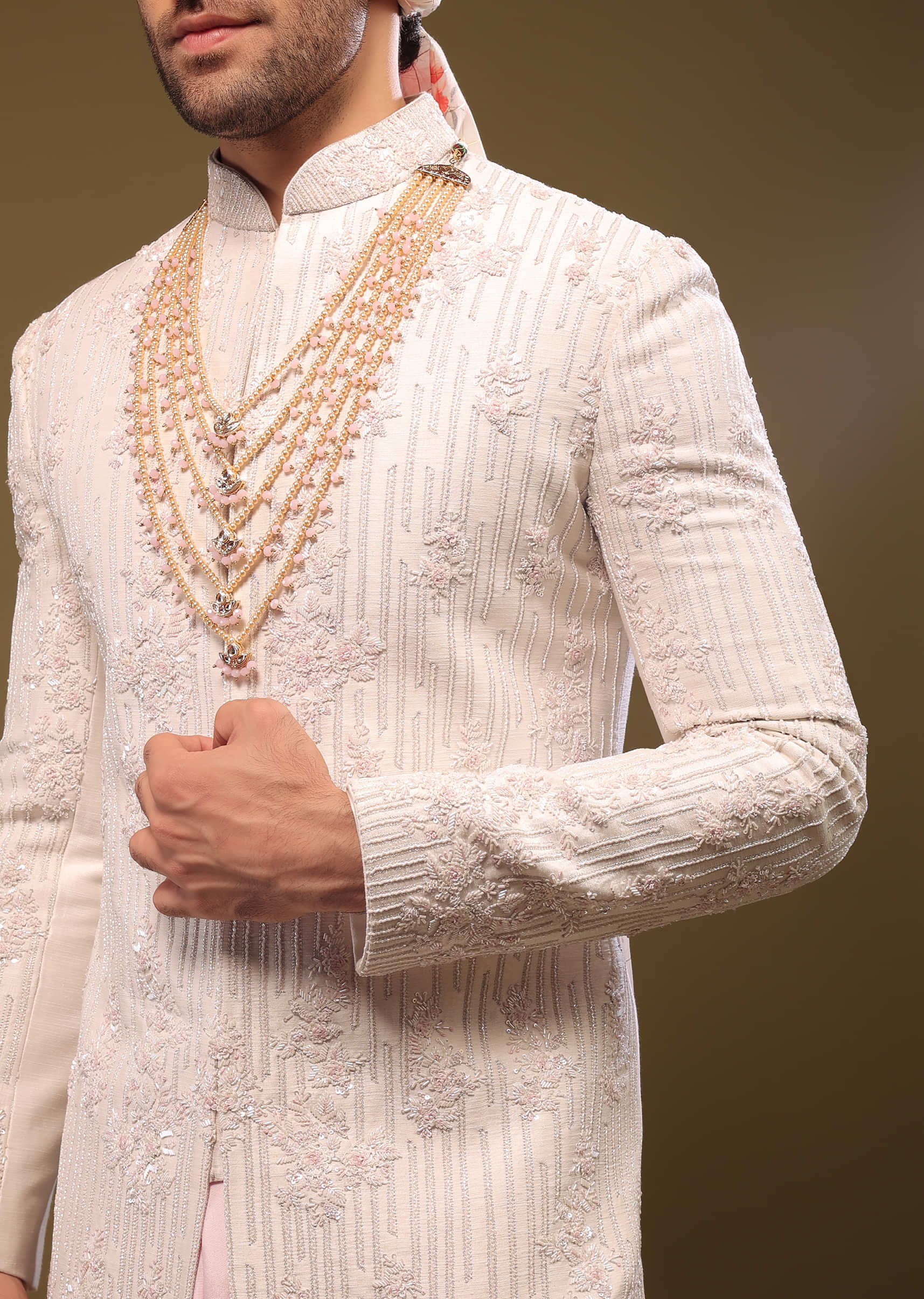 Beige White Silk Sherwani Set With Embroidery