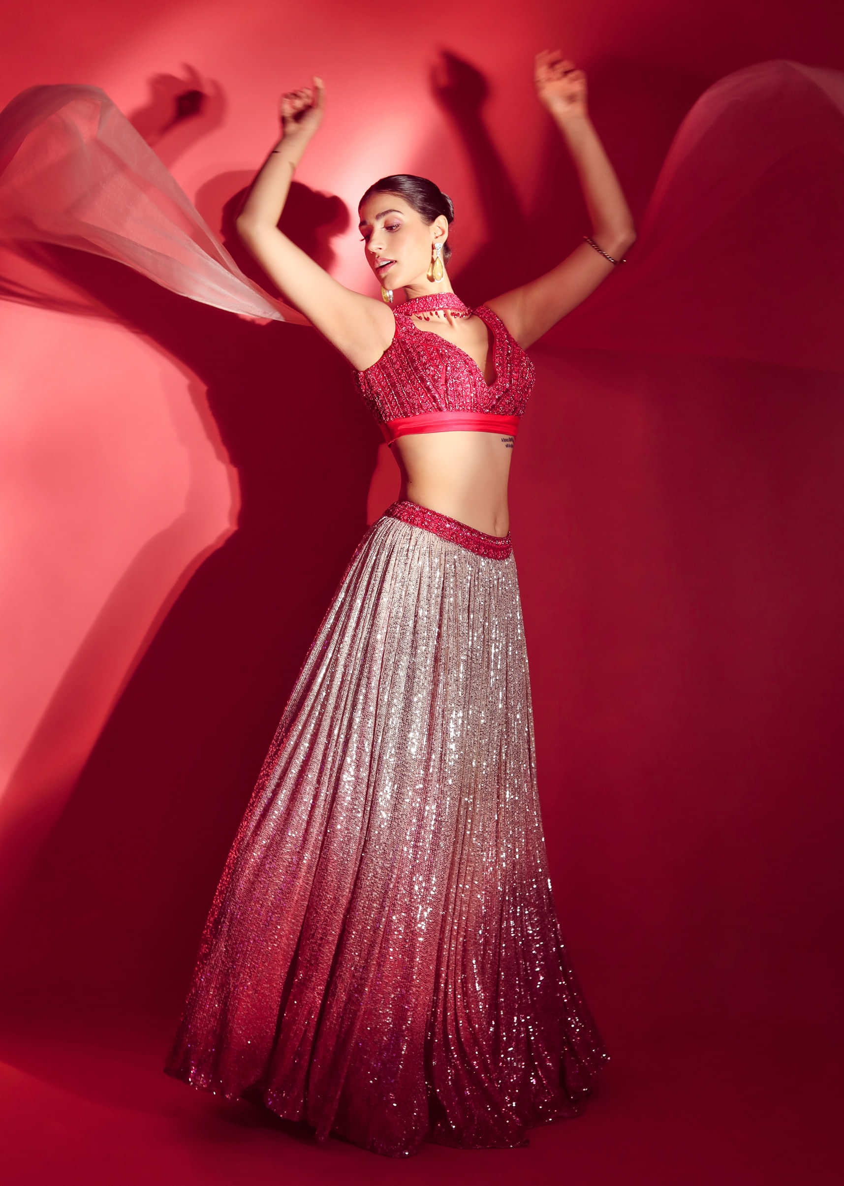 Arunika Khanna In Kalki Raspberry Red Ombre Sequins Lehenga And Hand Embroidered Sleeveless Crop Top With Plunging Neckline