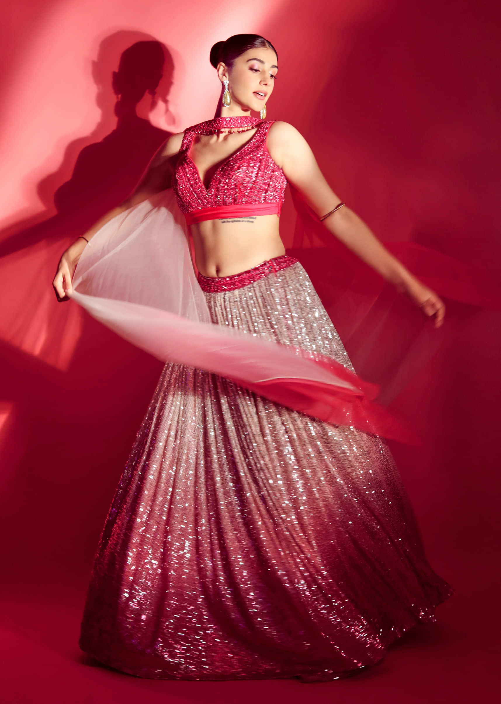 Arunika Khanna In Kalki Raspberry Red Ombre Sequins Lehenga And Hand Embroidered Sleeveless Crop Top With Plunging Neckline