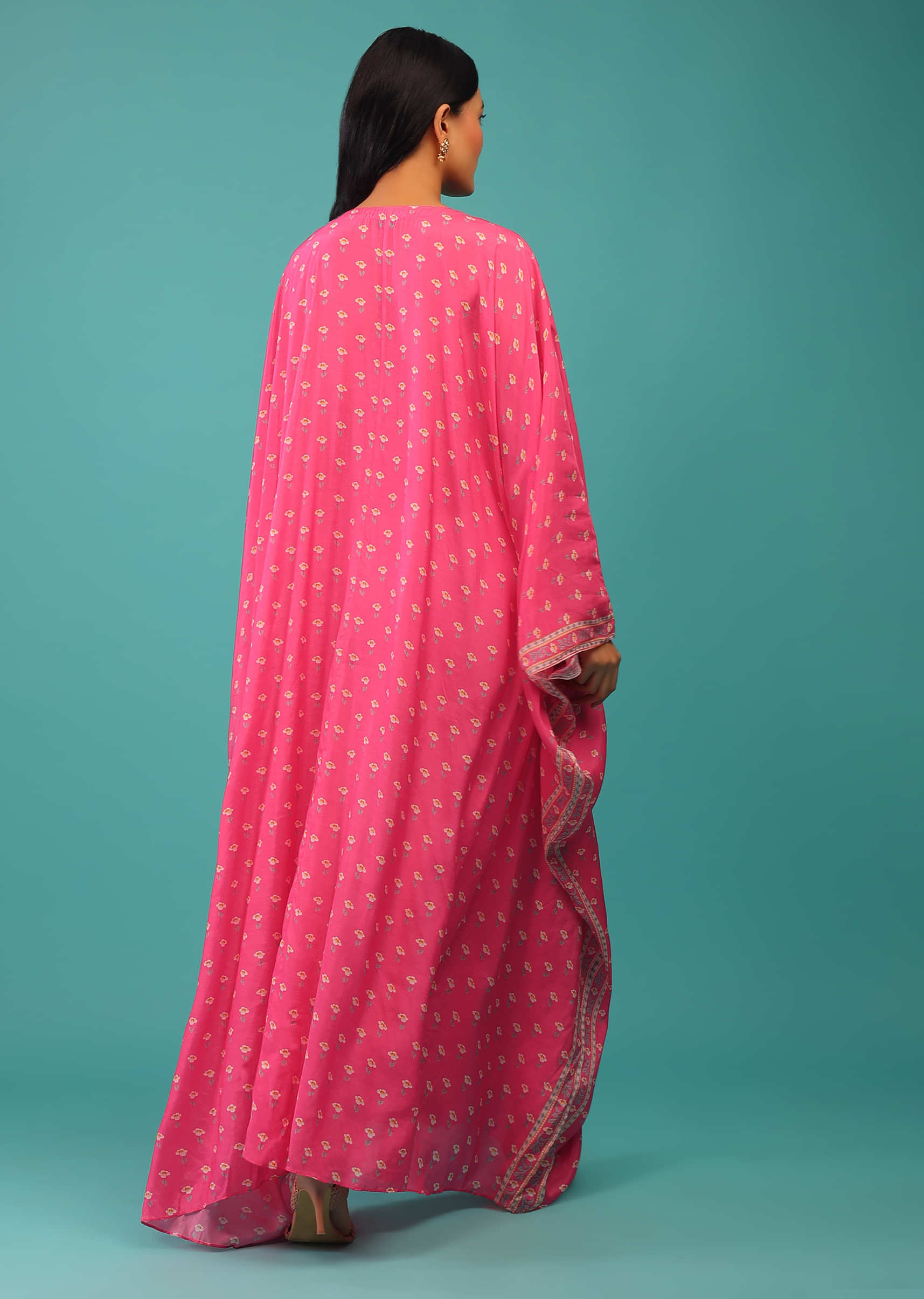 Sorbet Pink Kaftan With Floral Prints And Sequins Work