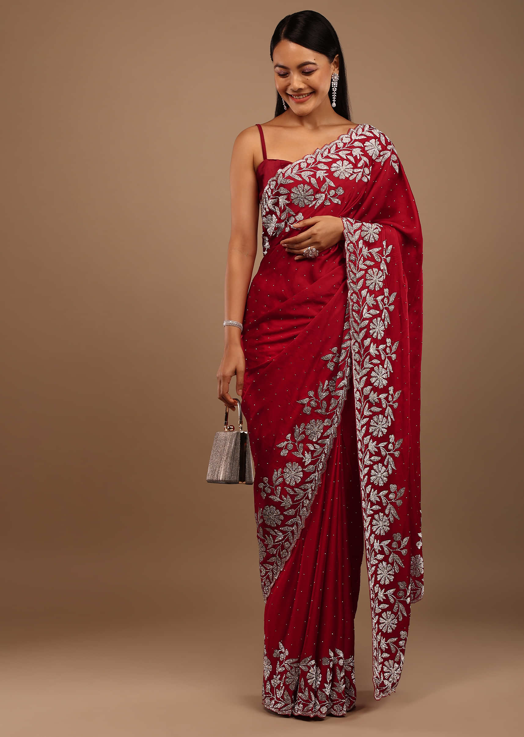 Spicy lollipop Red Satin Saree With Stonework In Floral Pattern