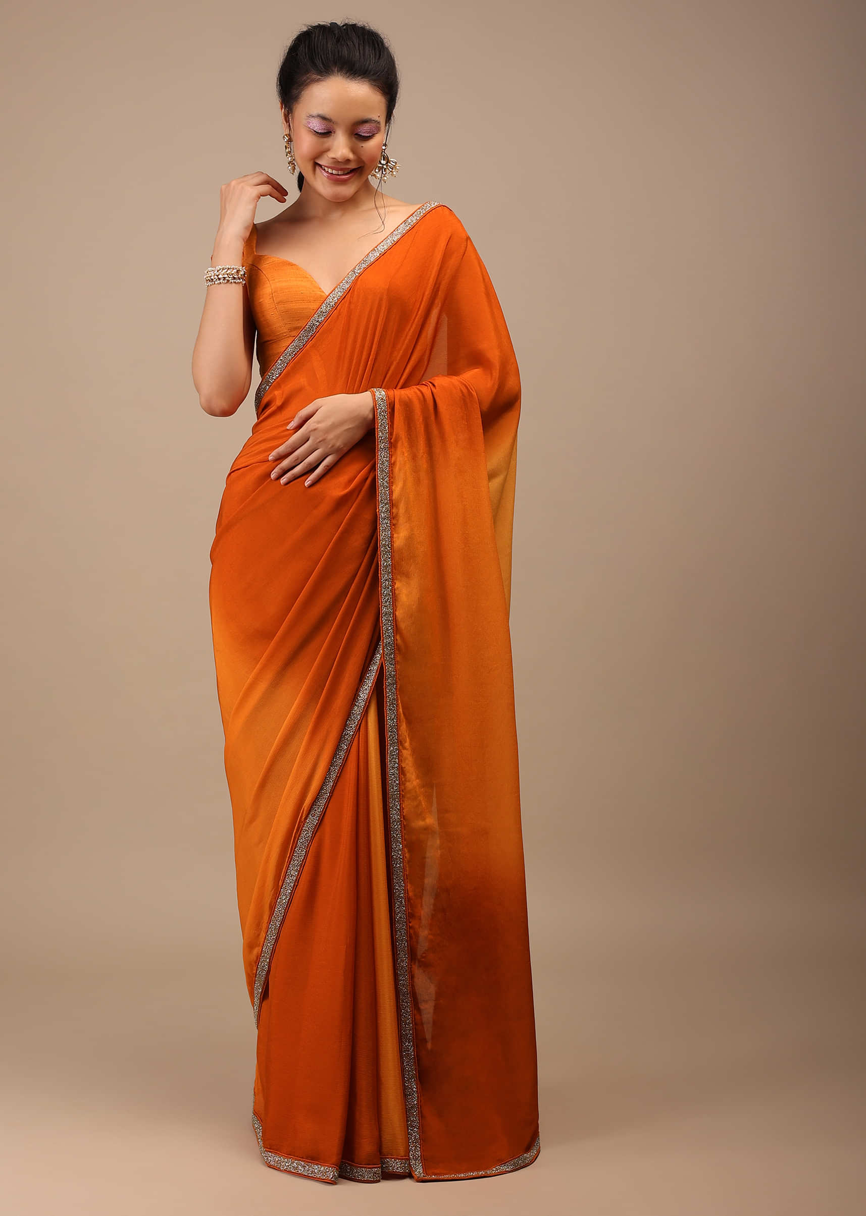 Spicy Orange Ombre Chiffon Saree With Buttis and Cut Dana Embroidery
