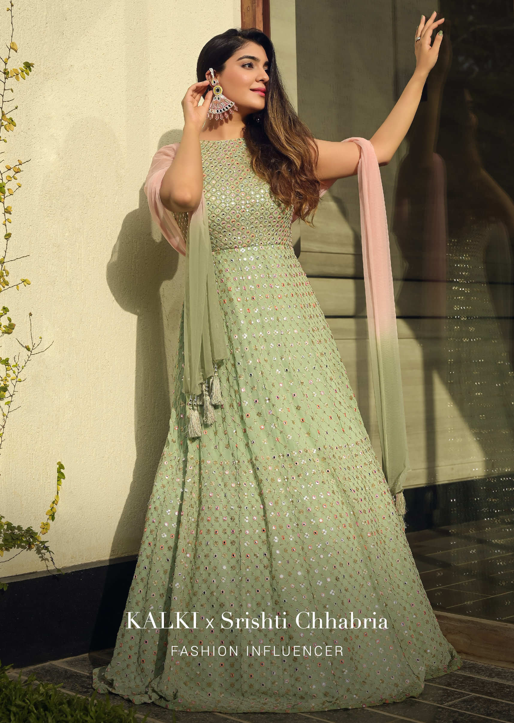 Opaline Green Anarkali Suit In Georgette With Halter Neckline And Multi Colored Resham And Mirror Embroidery All Over