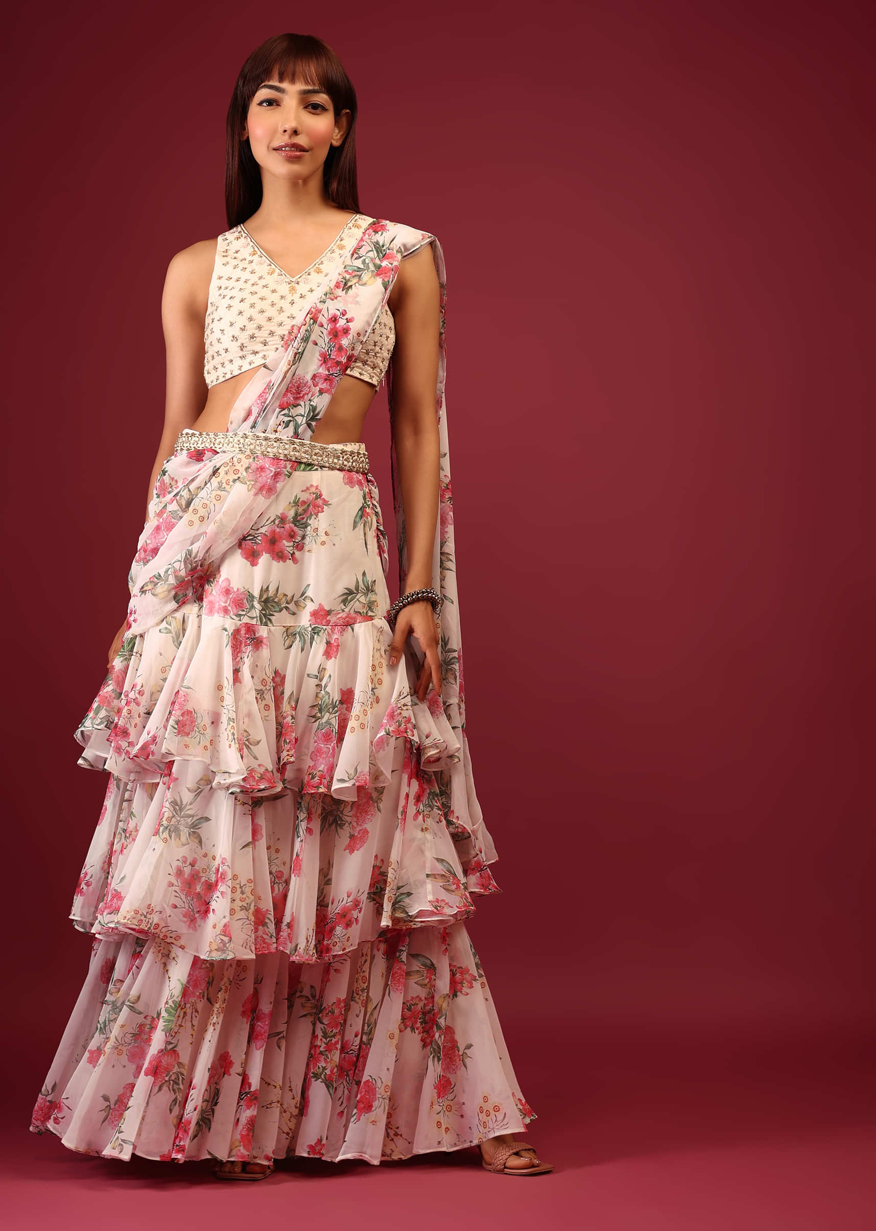 Daisy White Floral Print Pleated Lehenga Saree In Layered Frill Pattern With An Embellished Blouse