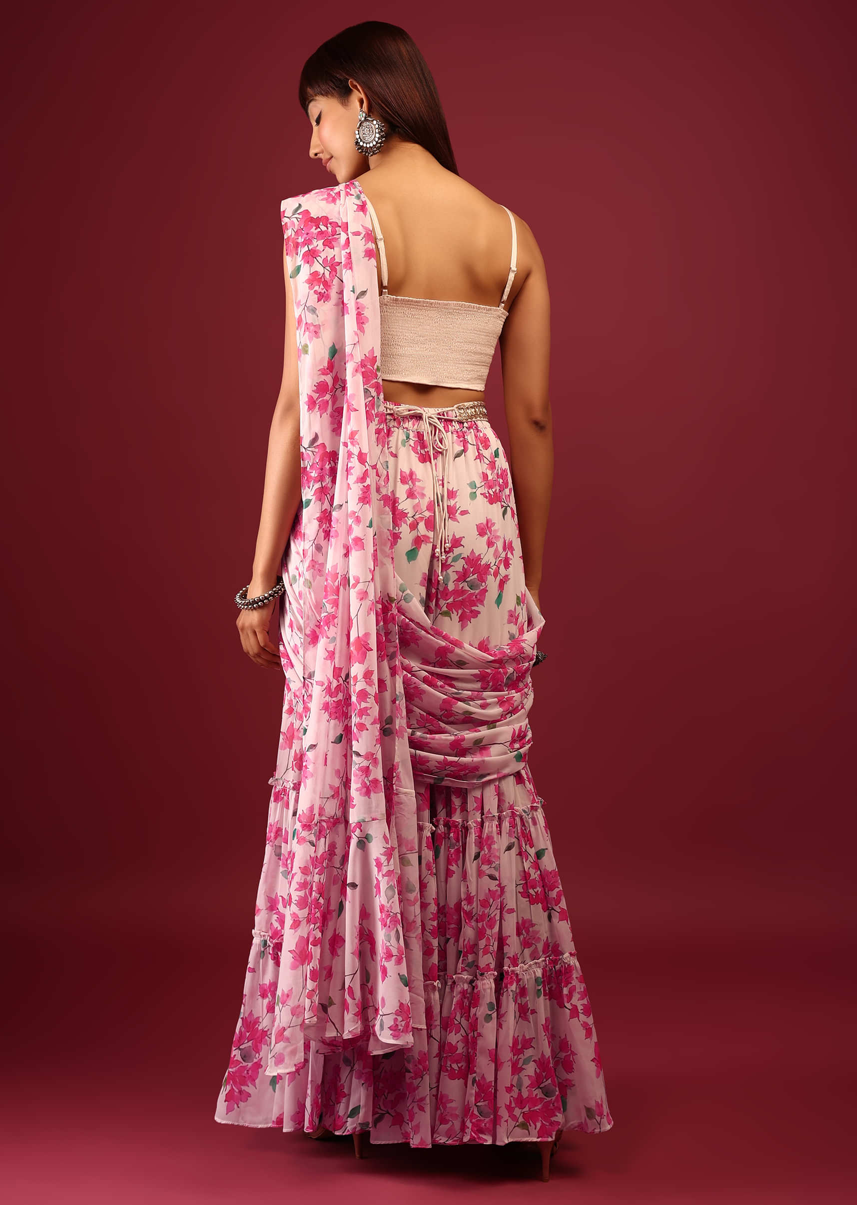 Daisy White Floral Print Sharara Saree With Attached Pallu And Embroidered Blouse
