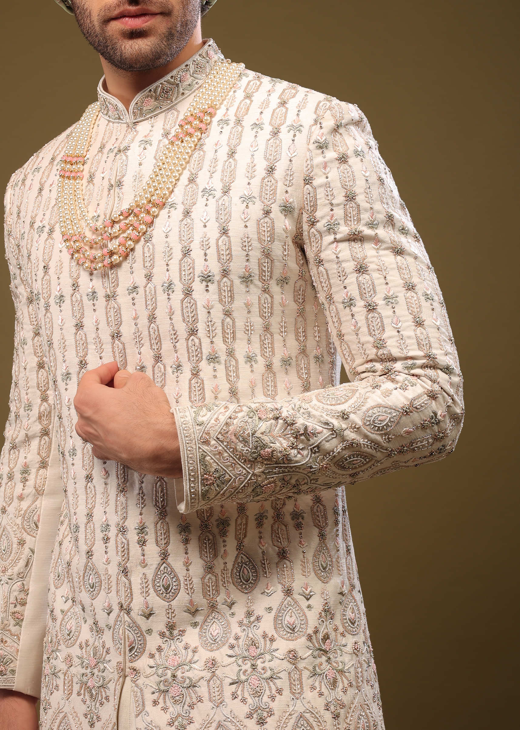 Beige White Thread Embroidered Silk Sherwani Set With Zari And Beads