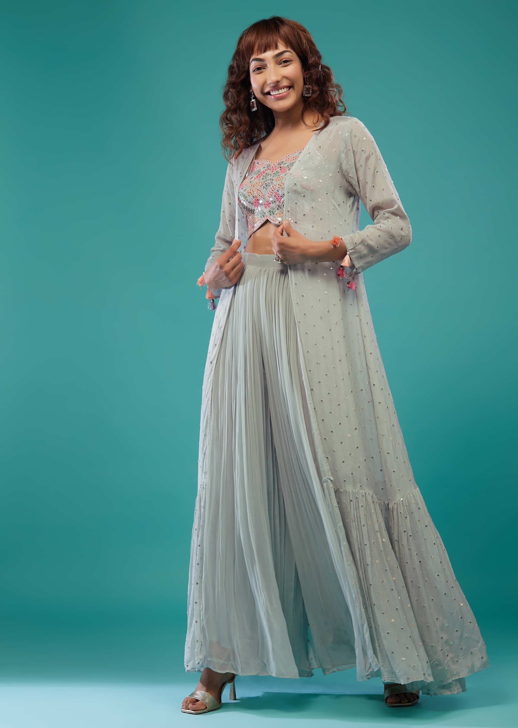 Powder Blue Embroidered Palazzo Crop-Top Set In Georgette With Shrug