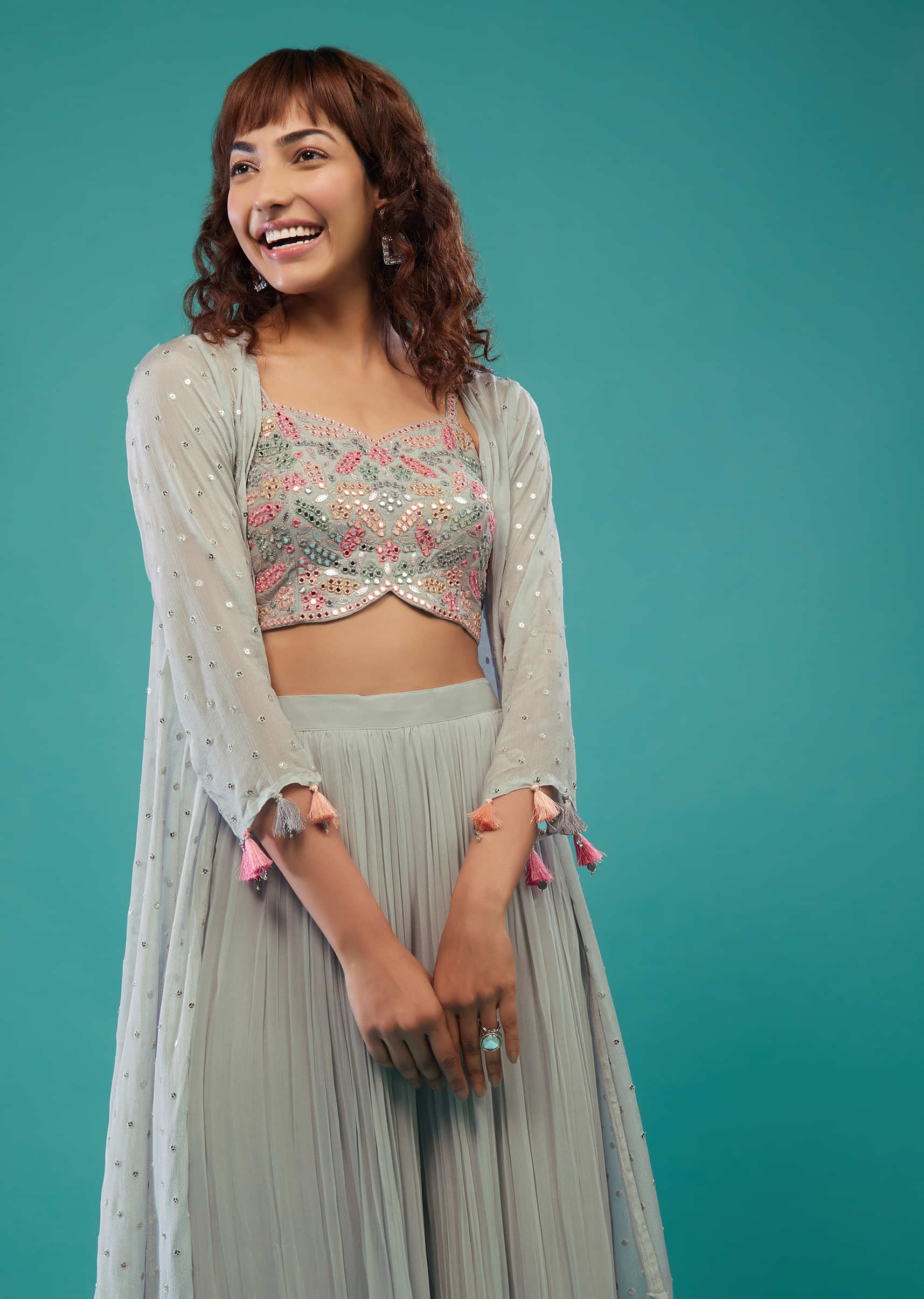 Powder Blue Embroidered Palazzo Crop-Top Set In Georgette With Shrug
