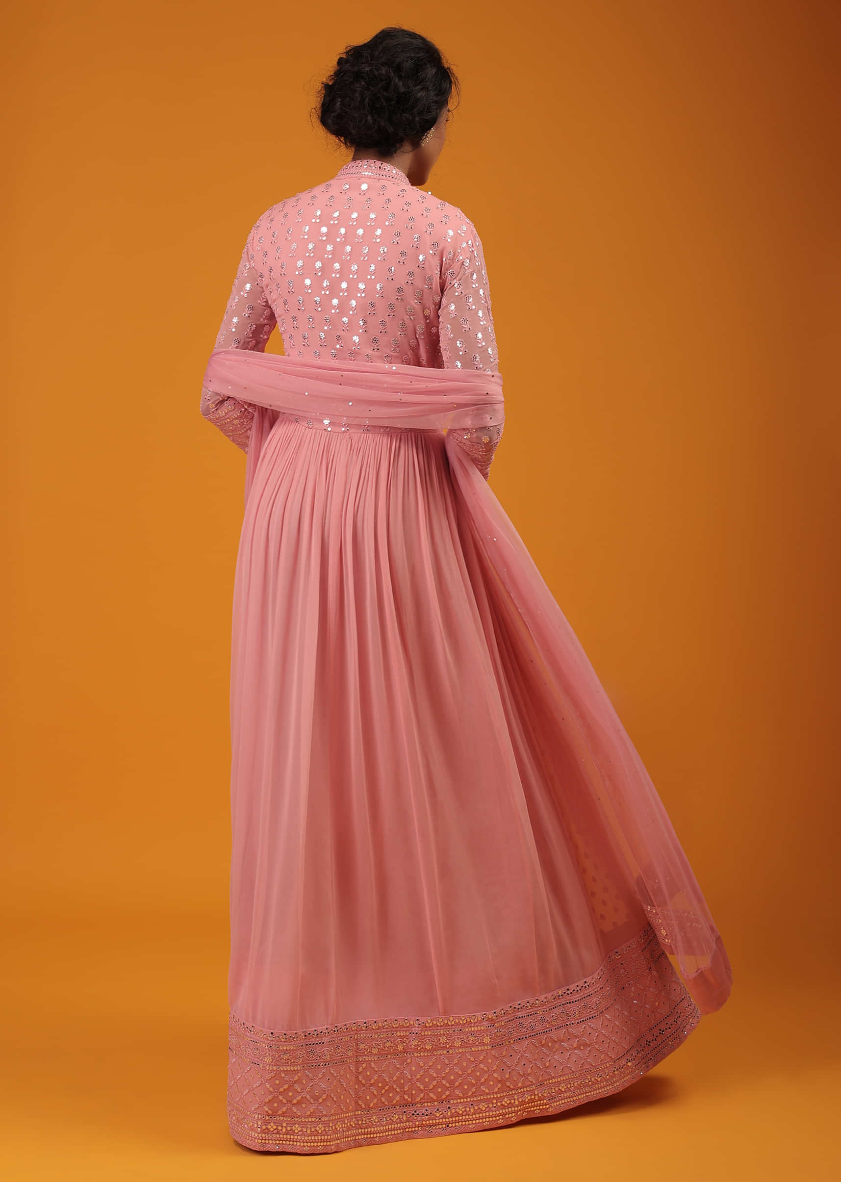 Strawberry Ice Pink Anarkali Suit With Mandarin Collar And Gotta Work In Floral Pattern