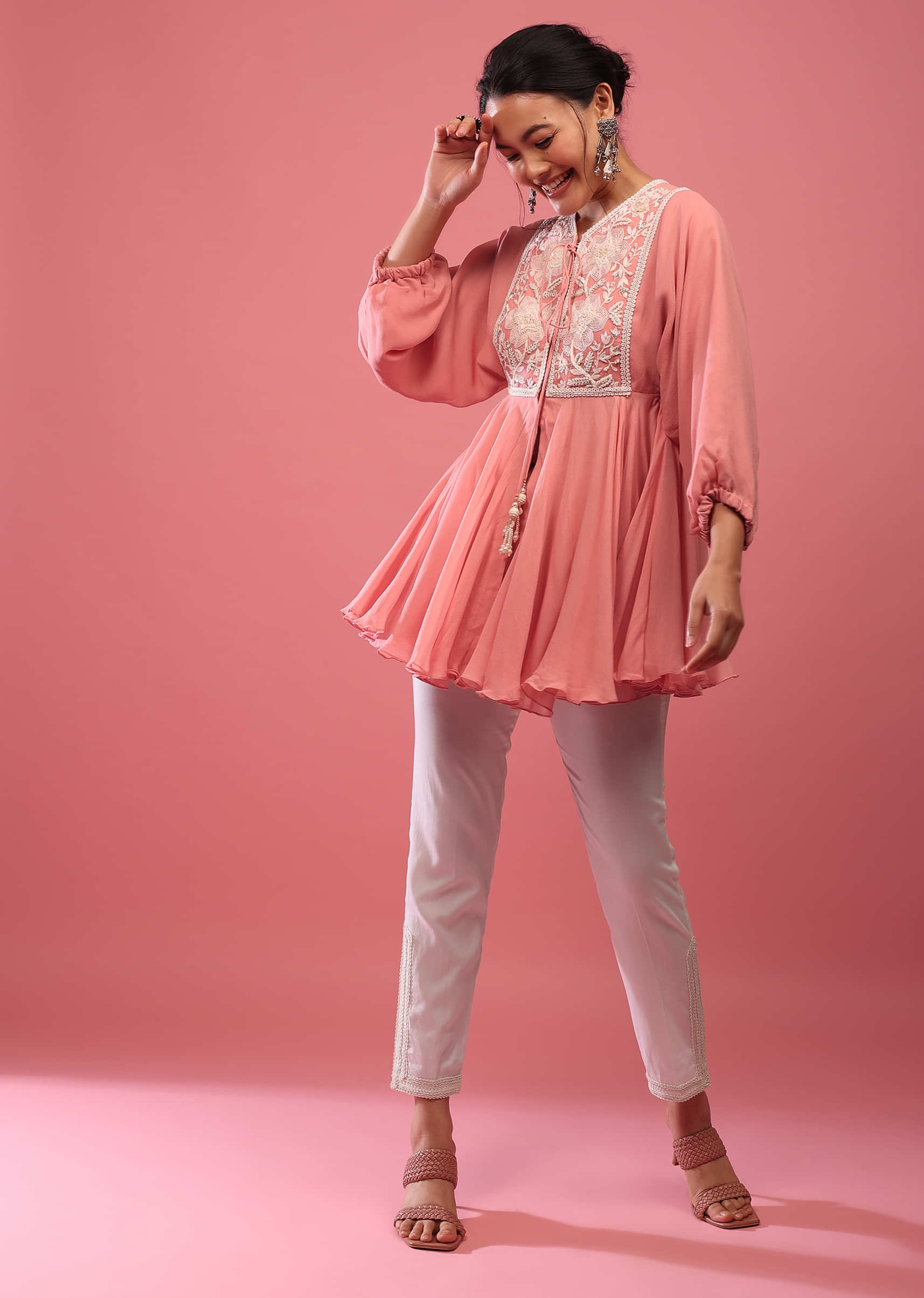 Salmon Pink Top & Pant Set In Georgette With Empire Line Cut And Embroidery