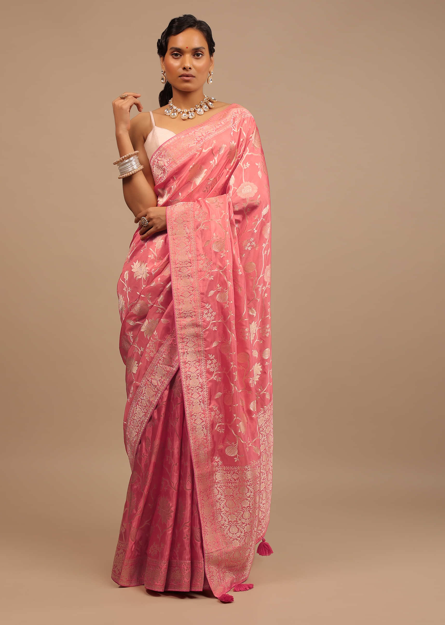 Salmon Pink Saree In Silk With Woven Floral Jaal And Intricate Floral Border