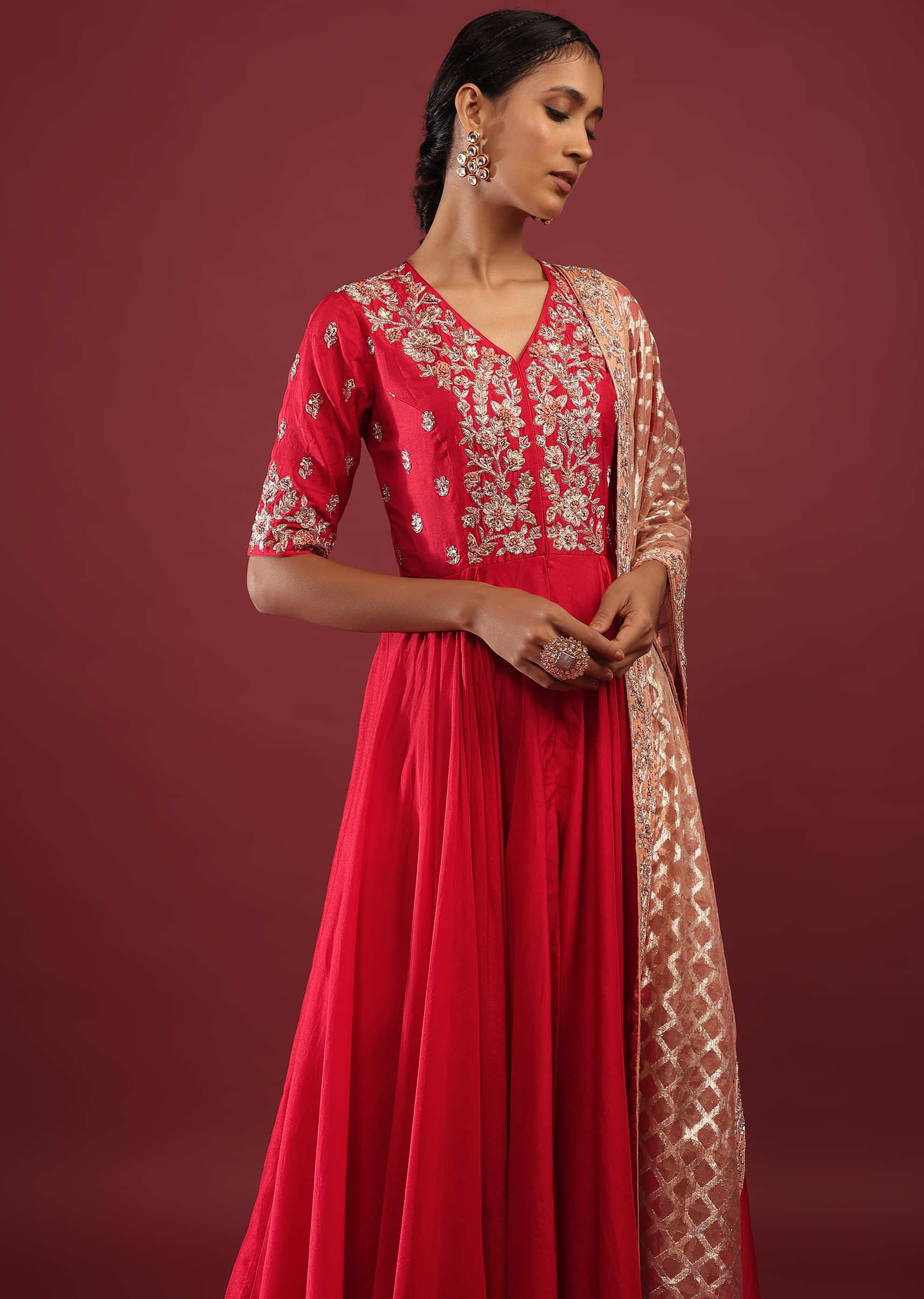 Valentine Red High Low Anarkali Suit With A Front Slit, Embroidery And Lurex Dupatta