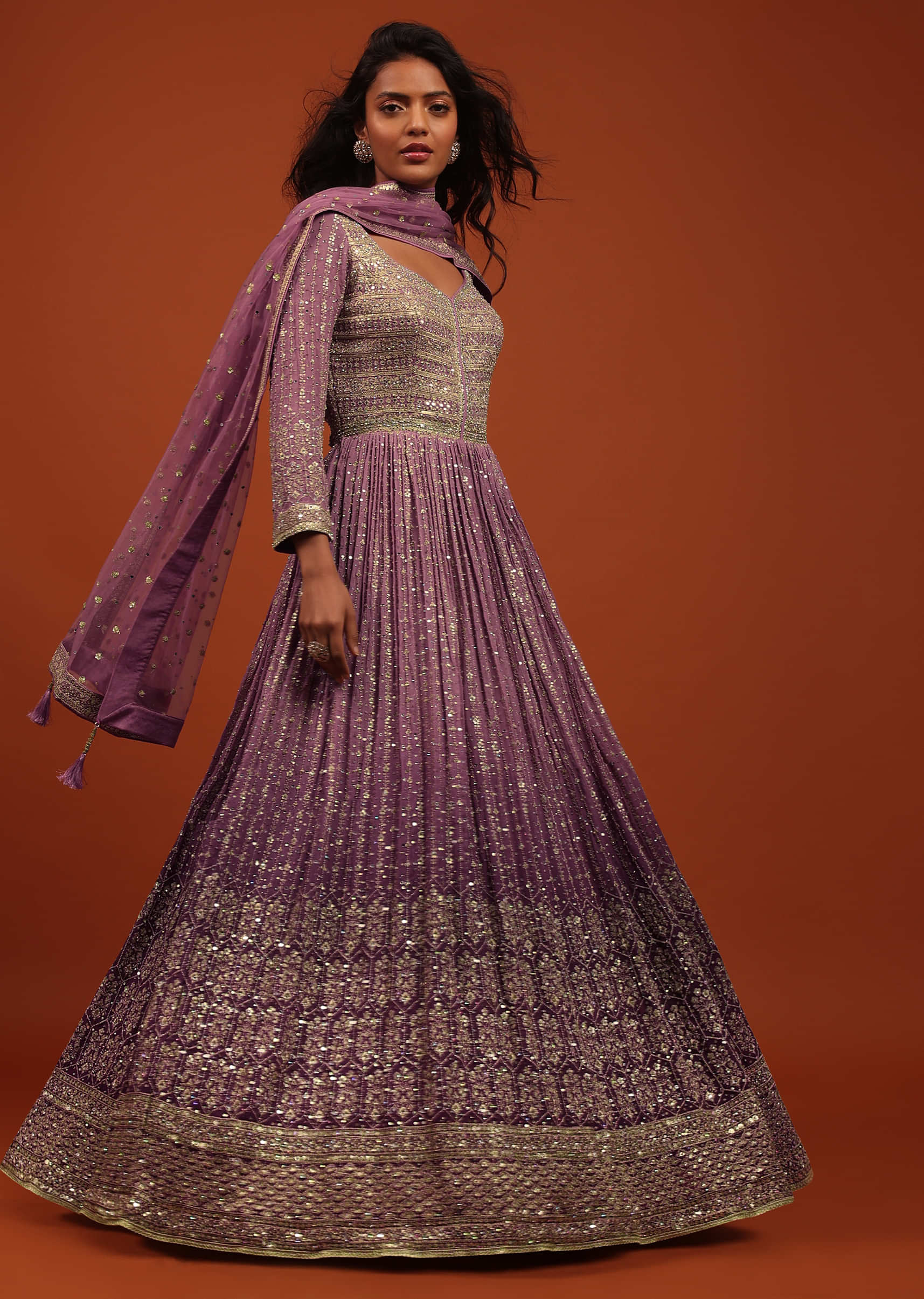 Striking Purple Ombre Embroidered Anarkali Suit In Georgette