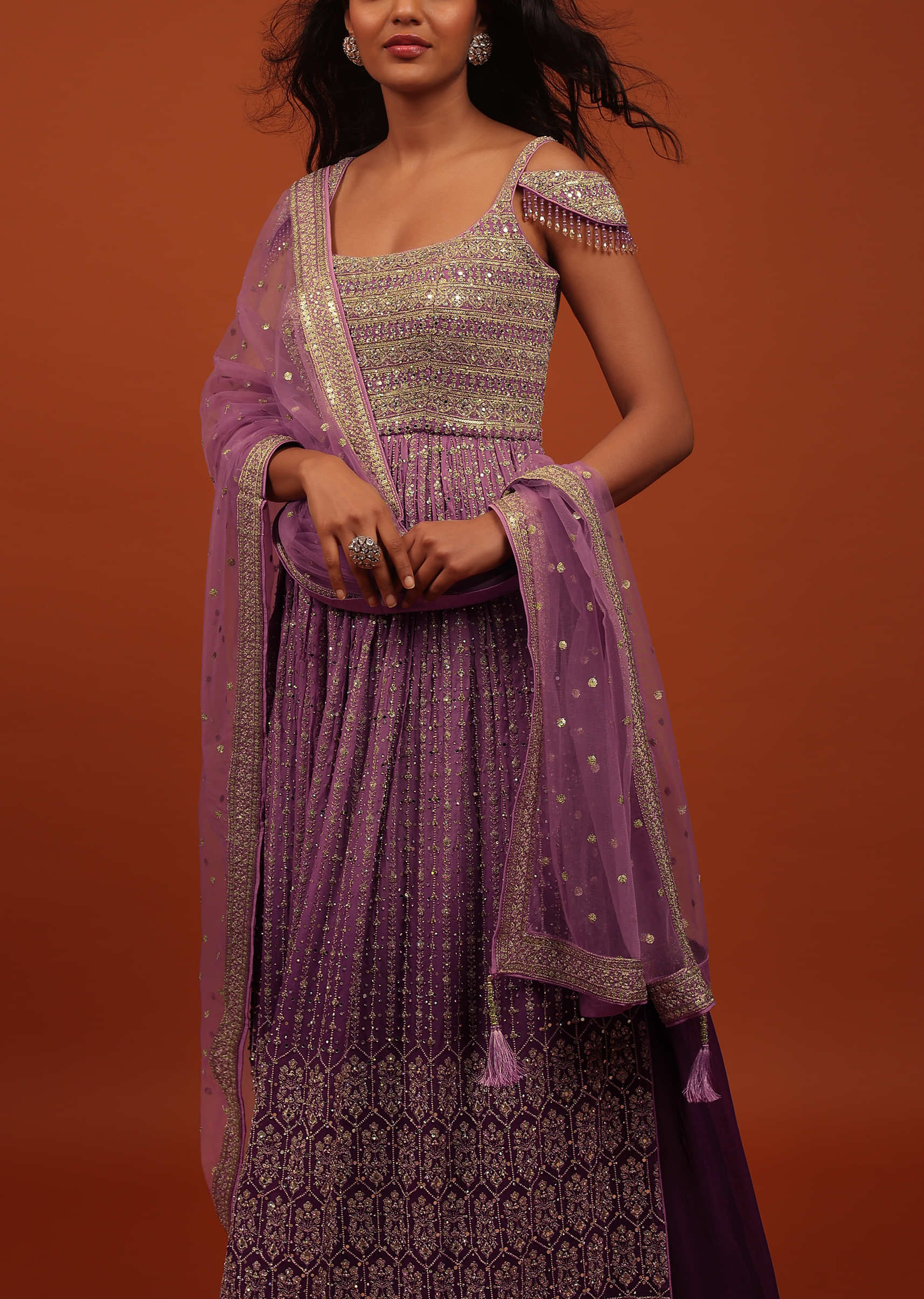Striking Purple Ombre Embroidered Palazzo Suit Set In Georgette