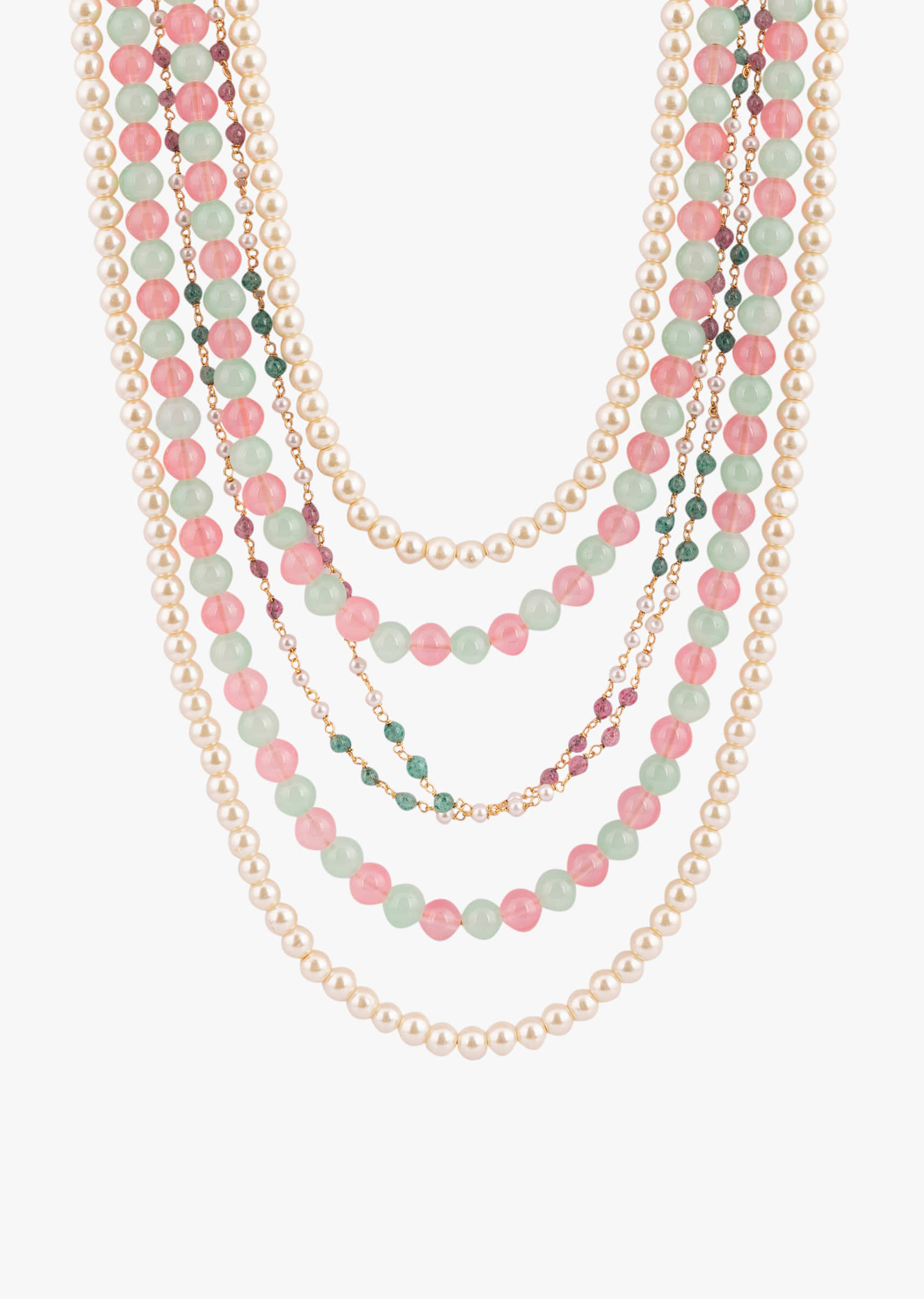 Stylish Pearl And Bead Mala In Green And Pink Shades