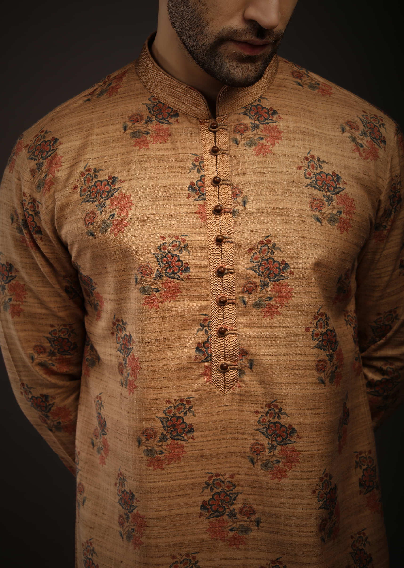 Sugar Brown Kurta Set In Raw Silk With Rust And Dark Blue Printed Floral Buttis