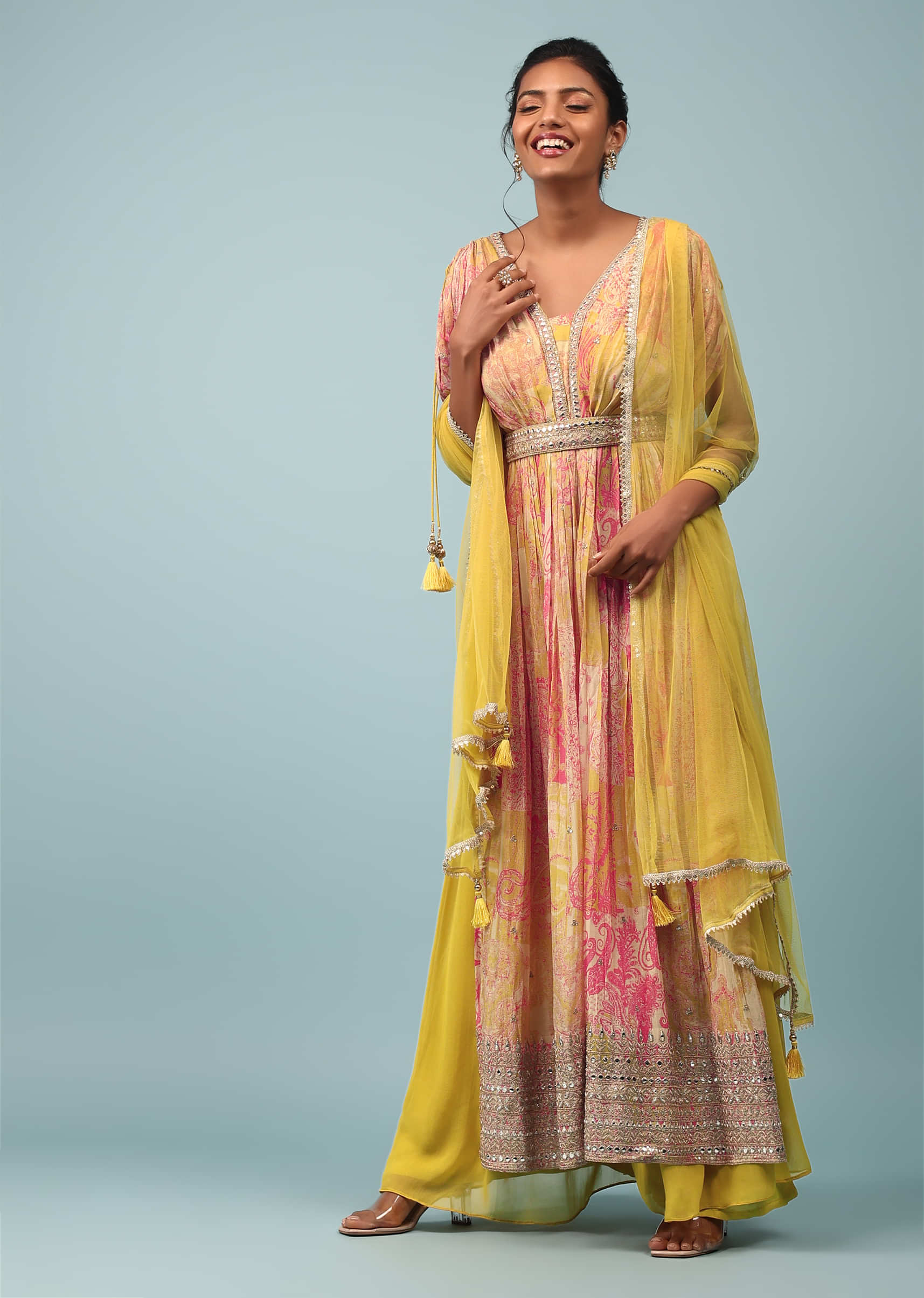 Sulphur Yellow Chinon Printed And Embroidered Palazzo Suit