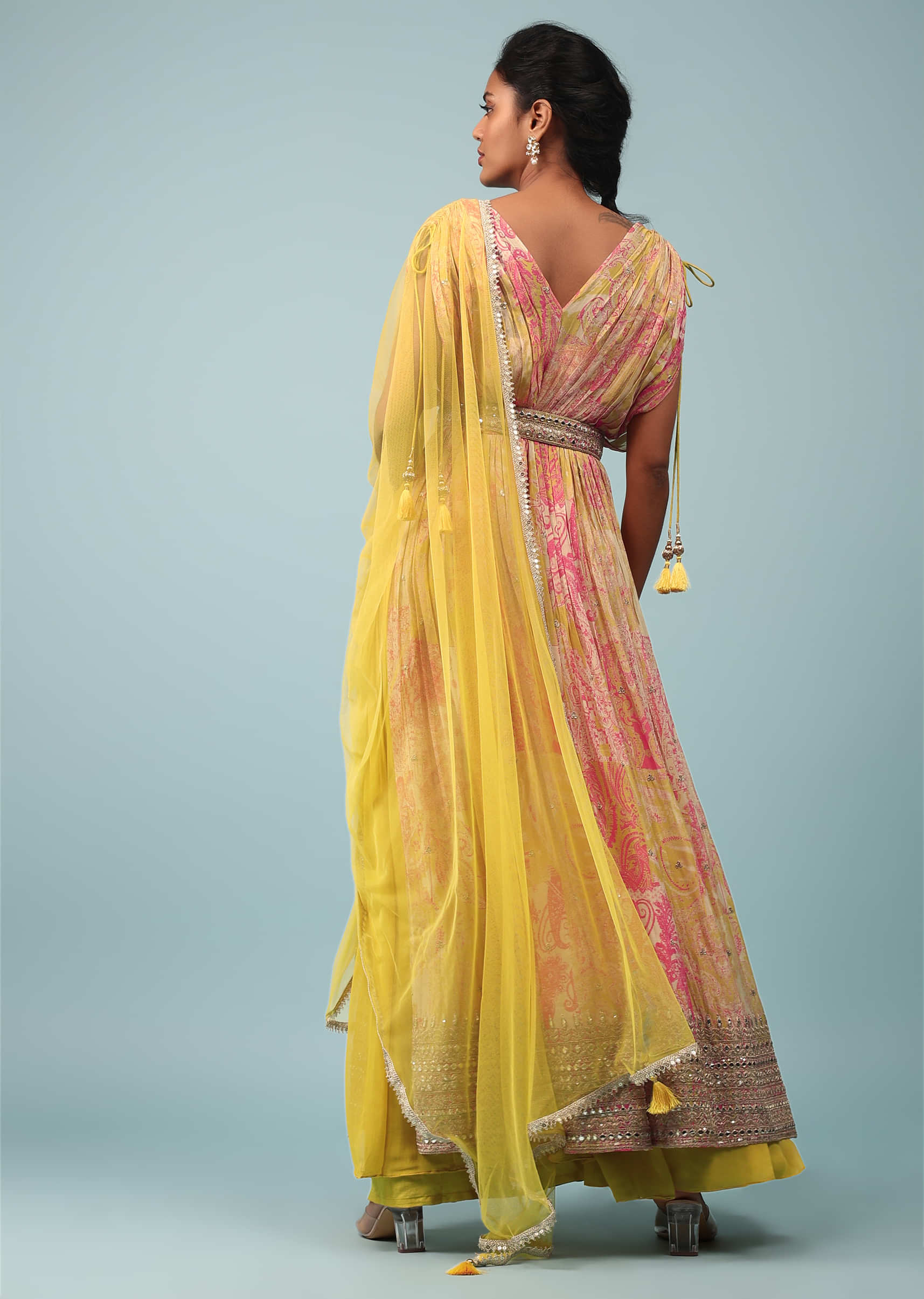 Sulphur Yellow Chinon Printed And Embroidered Palazzo Suit