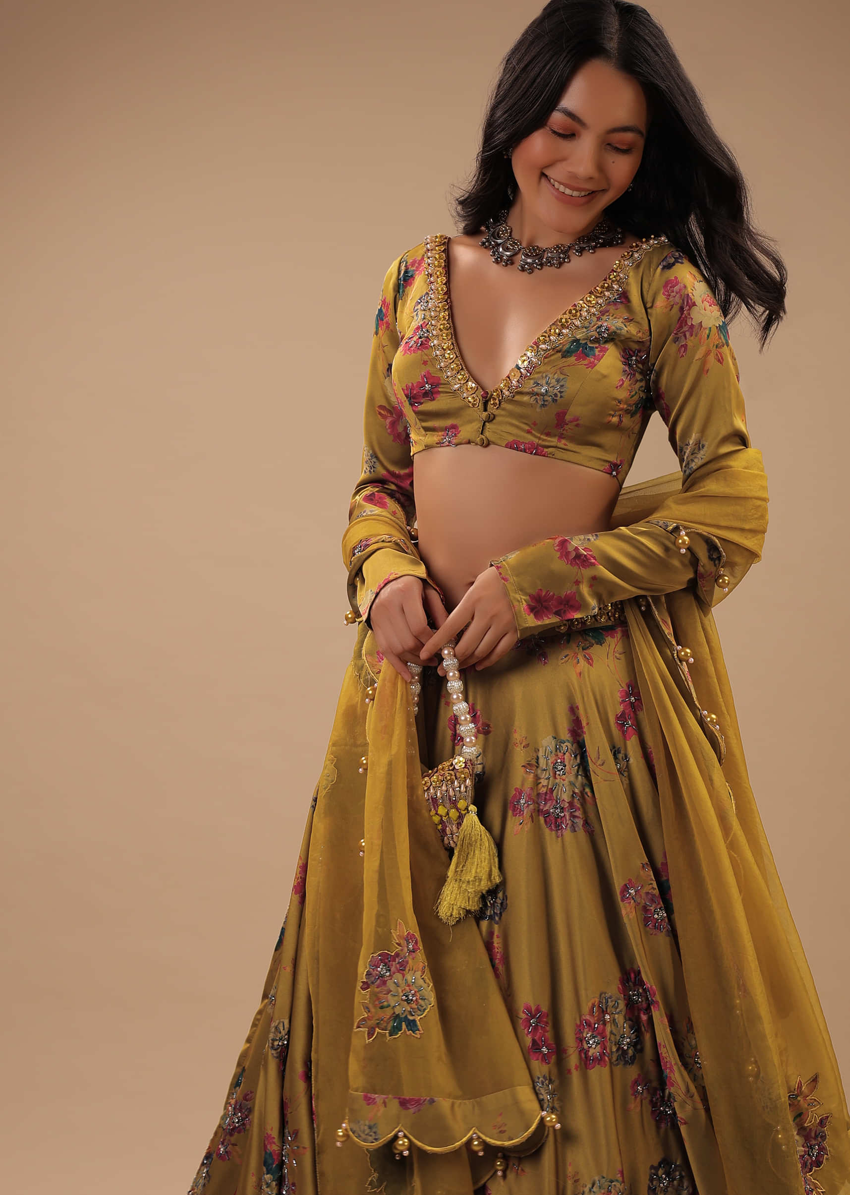 Sulphur Yellow Satin Crop Top And Skirt With Floral Print And Moti Embroidery