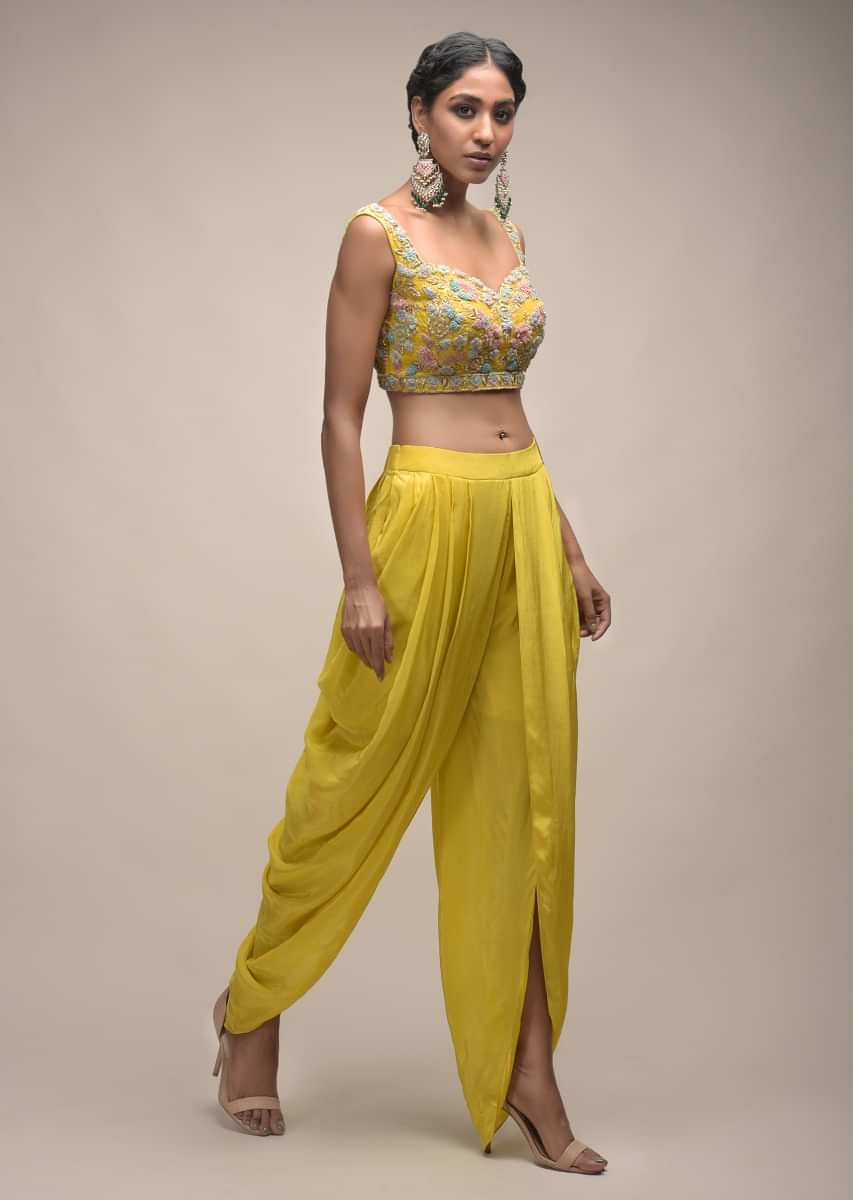 Sun Yellow Dhoti Suit With 3D Organza Flower Embellished Crop Top And Short Cape  